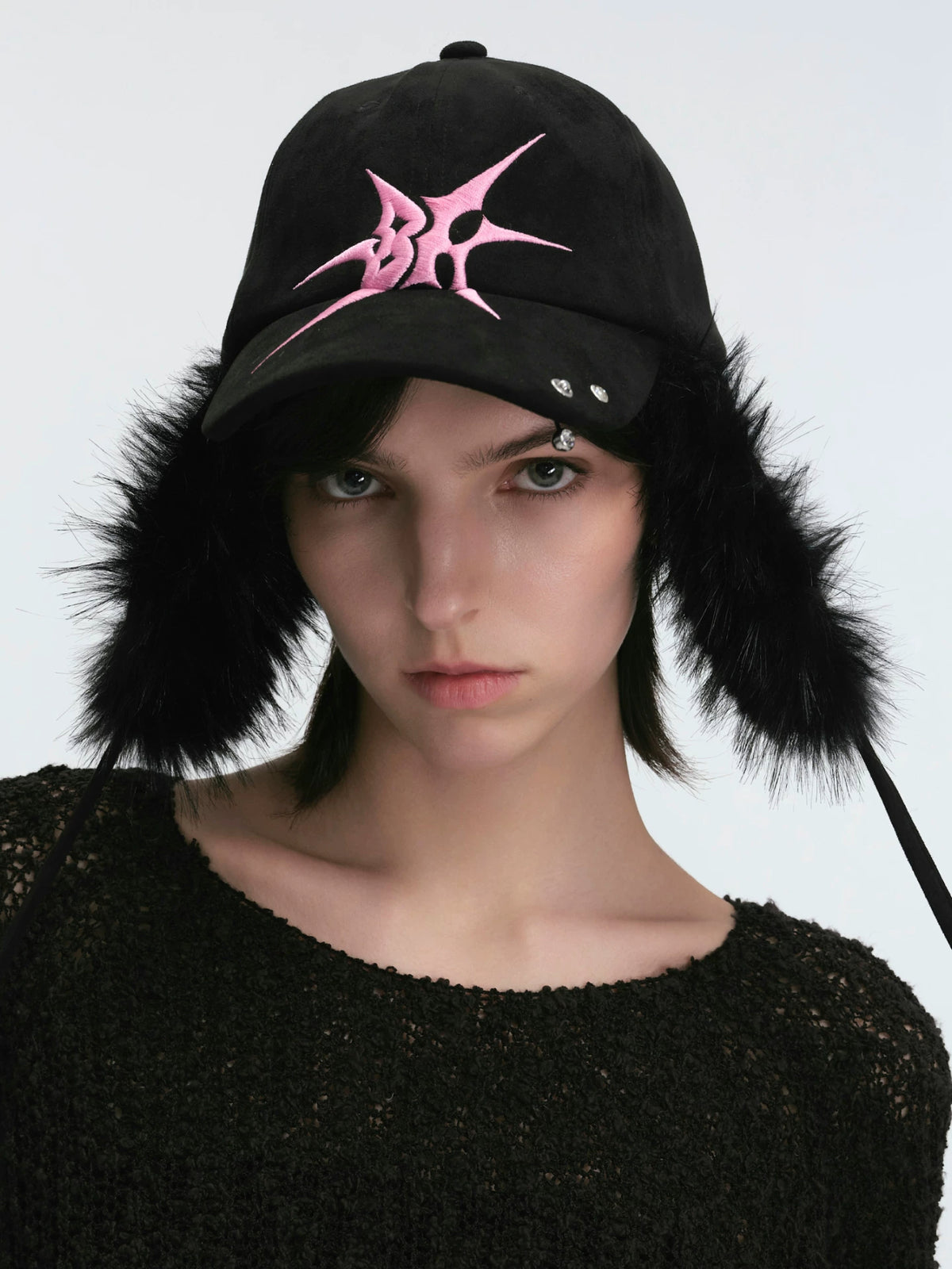 BLACKHEAD Faux Fur Earflap Baseball Cap - Black model, earflaps down