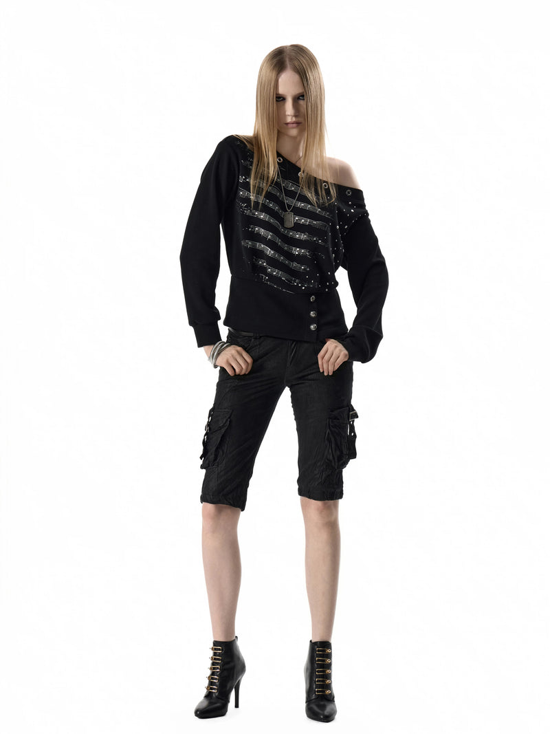 noEmosen Silver Music Note Studded Off-Shoulder Sweatshirt - view 1