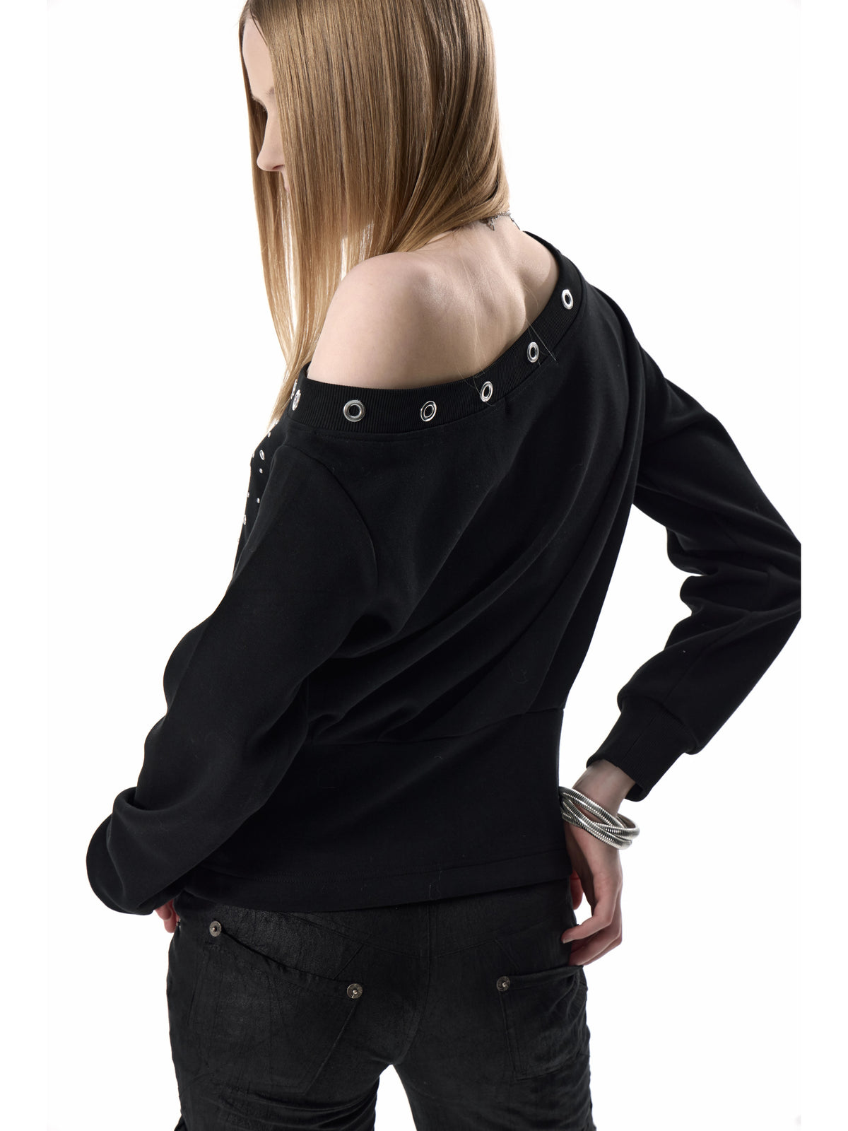 noEmosen Silver Music Note Studded Off-Shoulder Sweatshirt - view 5