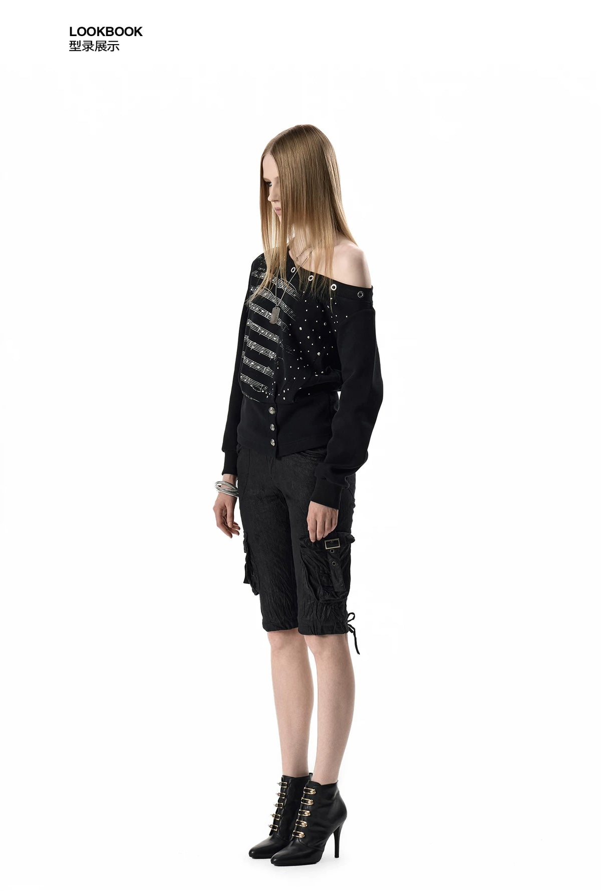 noEmosen Silver Music Note Studded Off-Shoulder Sweatshirt - view 6