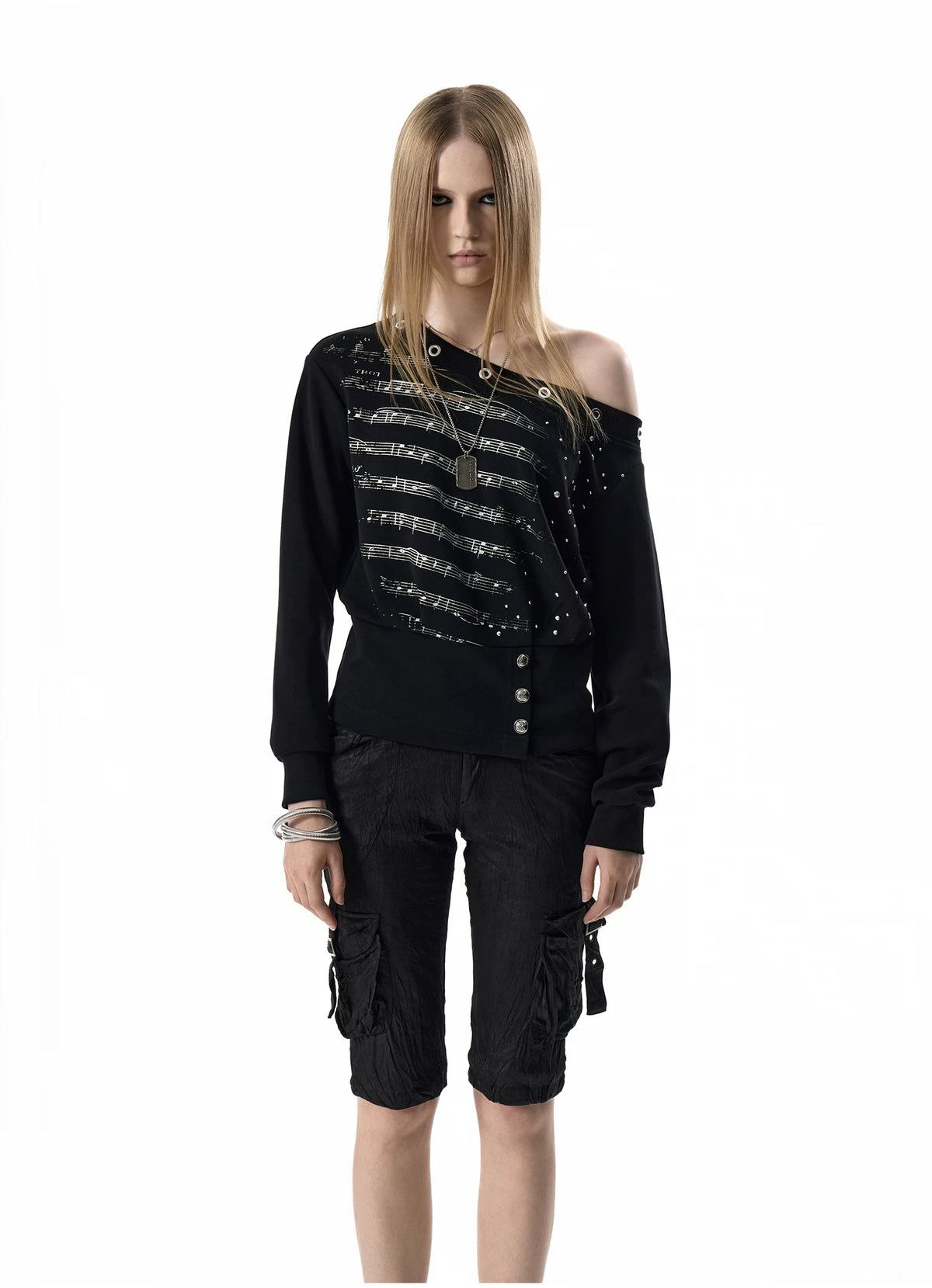noEmosen Silver Music Note Studded Off-Shoulder Sweatshirt - view 8