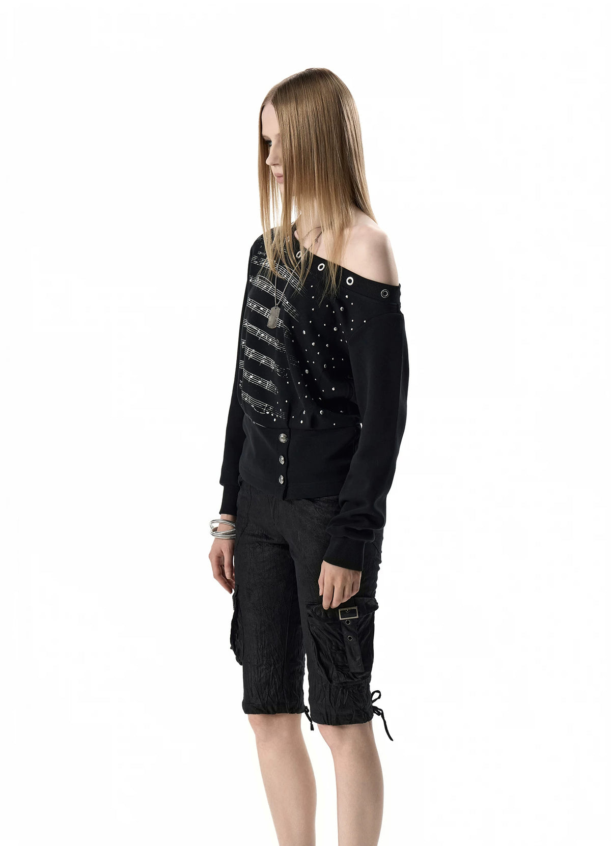 noEmosen Silver Music Note Studded Off-Shoulder Sweatshirt - view 9