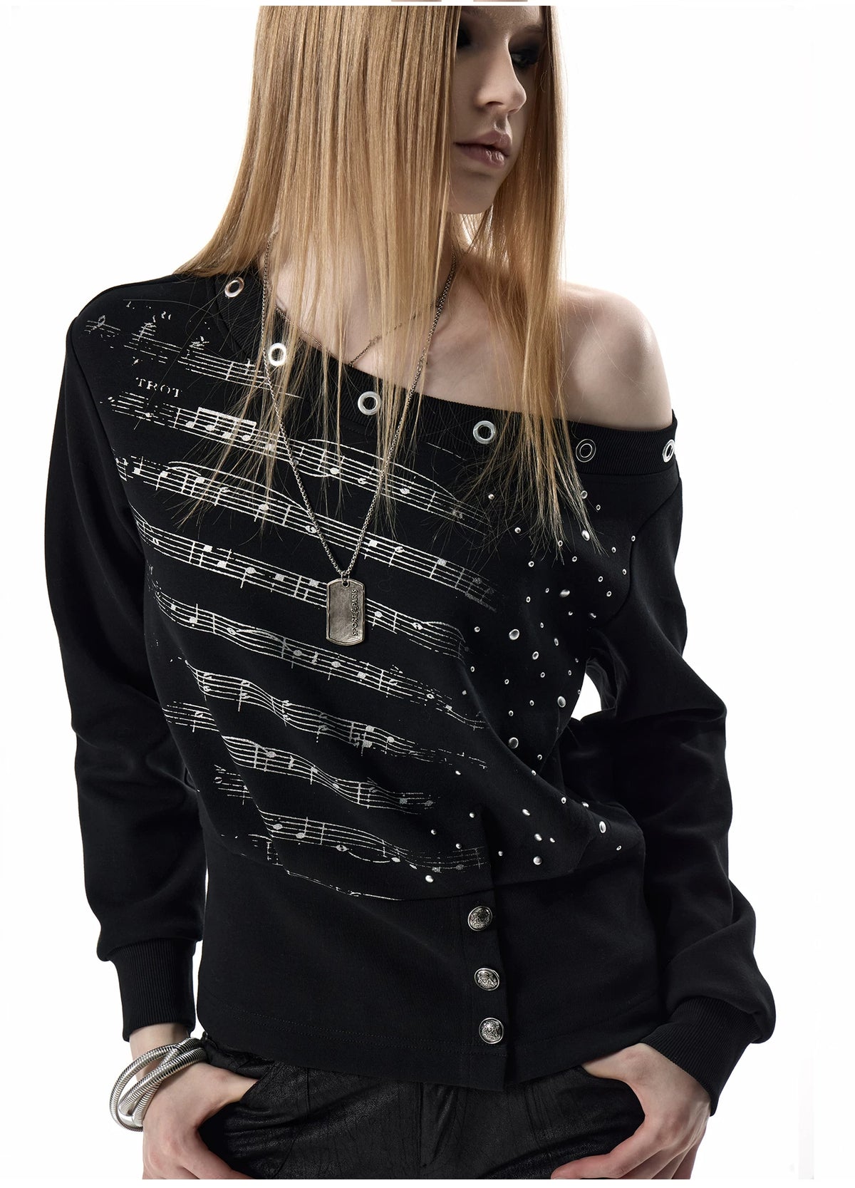 noEmosen Silver Music Note Studded Off-Shoulder Sweatshirt - view 10