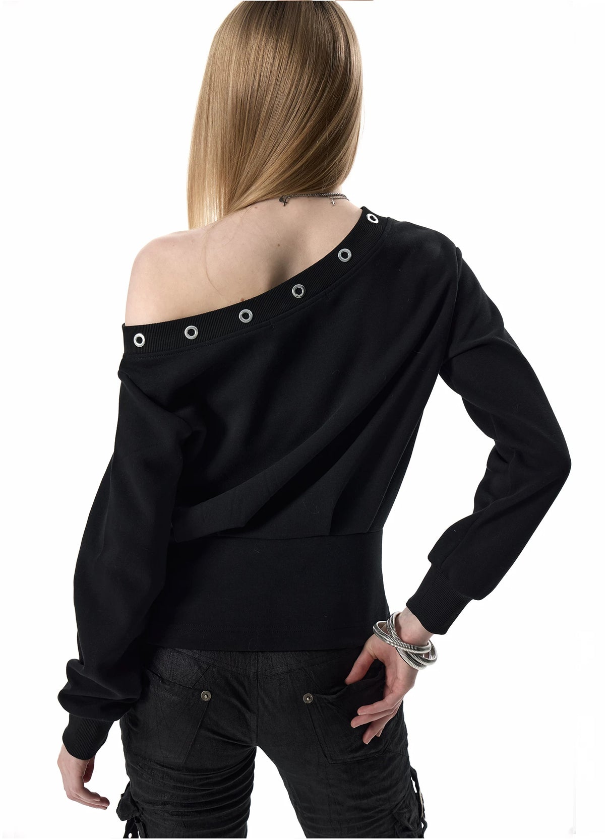 noEmosen Silver Music Note Studded Off-Shoulder Sweatshirt - view 11