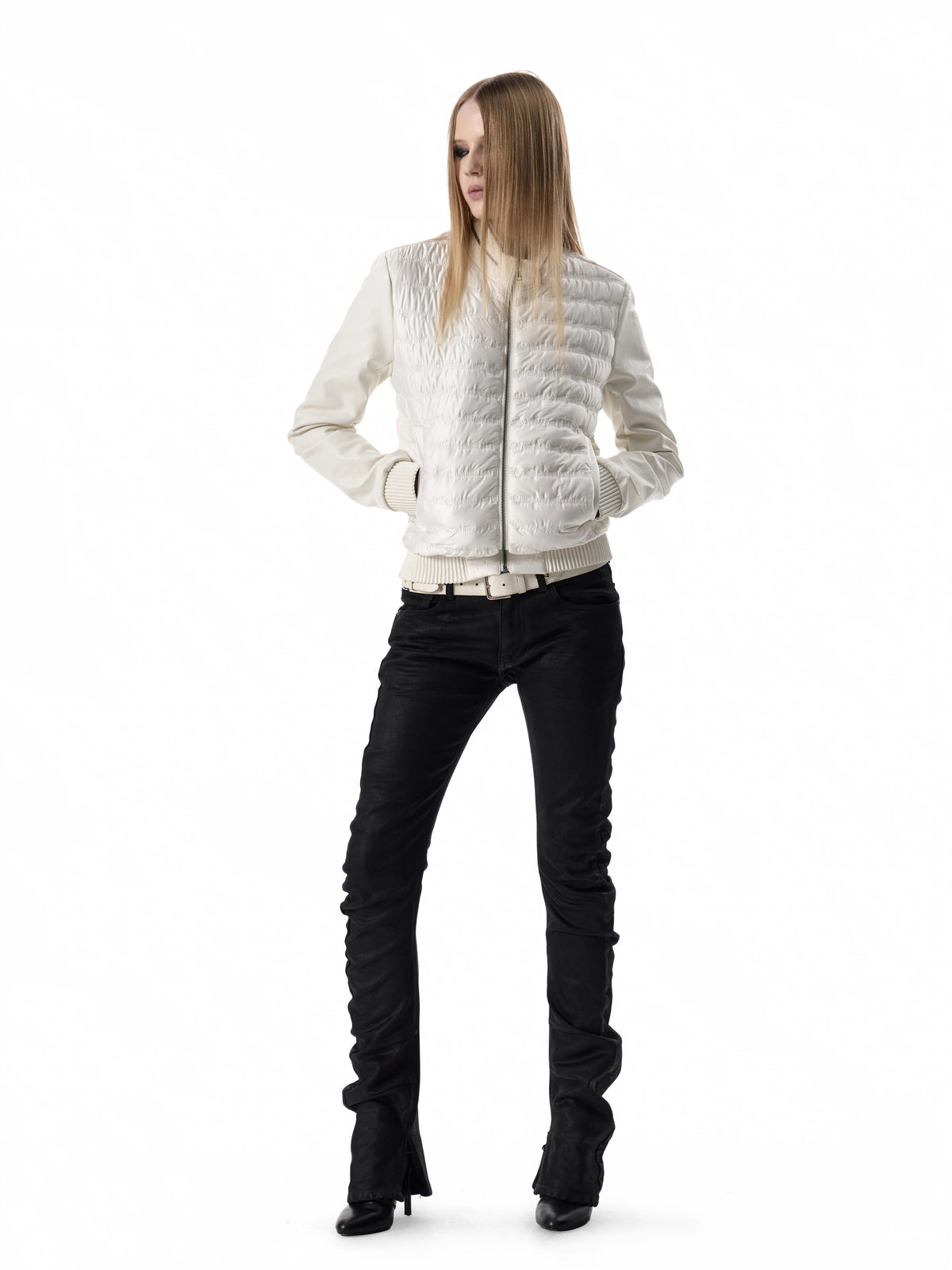 noEmosen Music Note Stitched Leather-Panel Slim Padded Jacket - White front