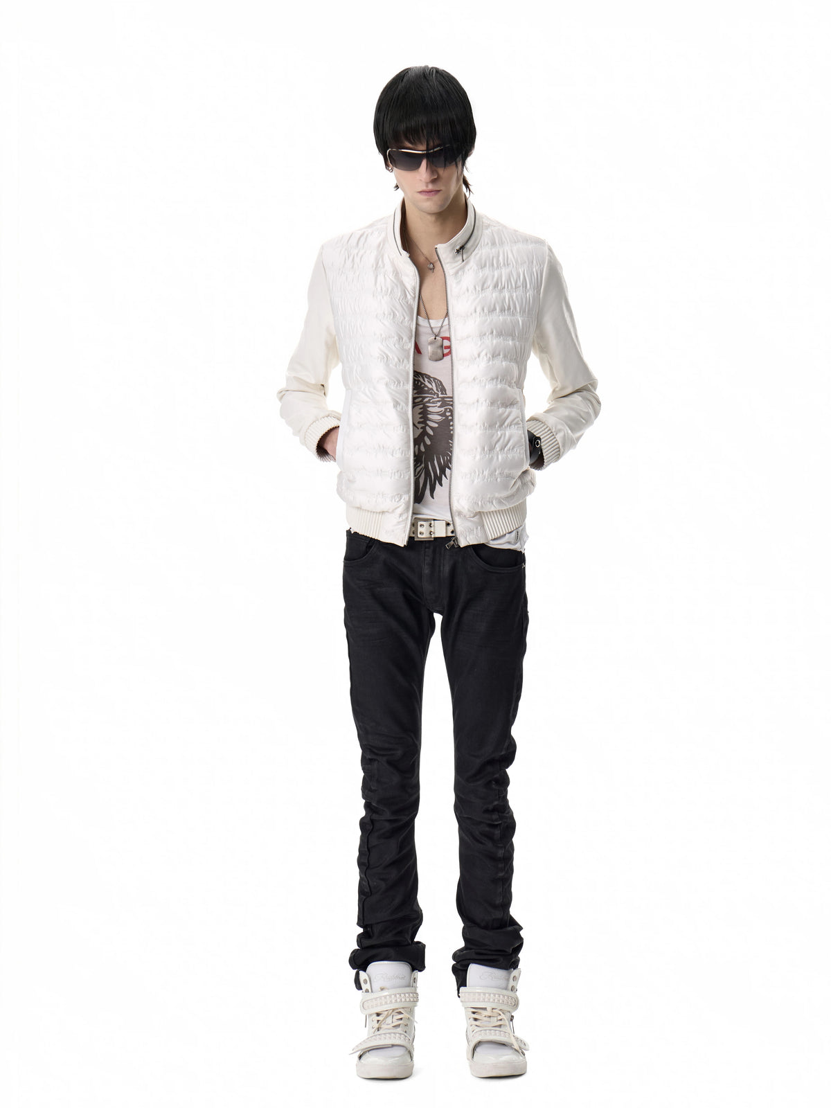 noEmosen Music Note Stitched Leather-Panel Slim Padded Jacket - White front