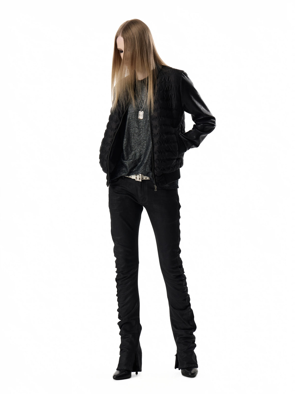 noEmosen Music Note Stitched Leather-Panel Slim Padded Jacket - Black front