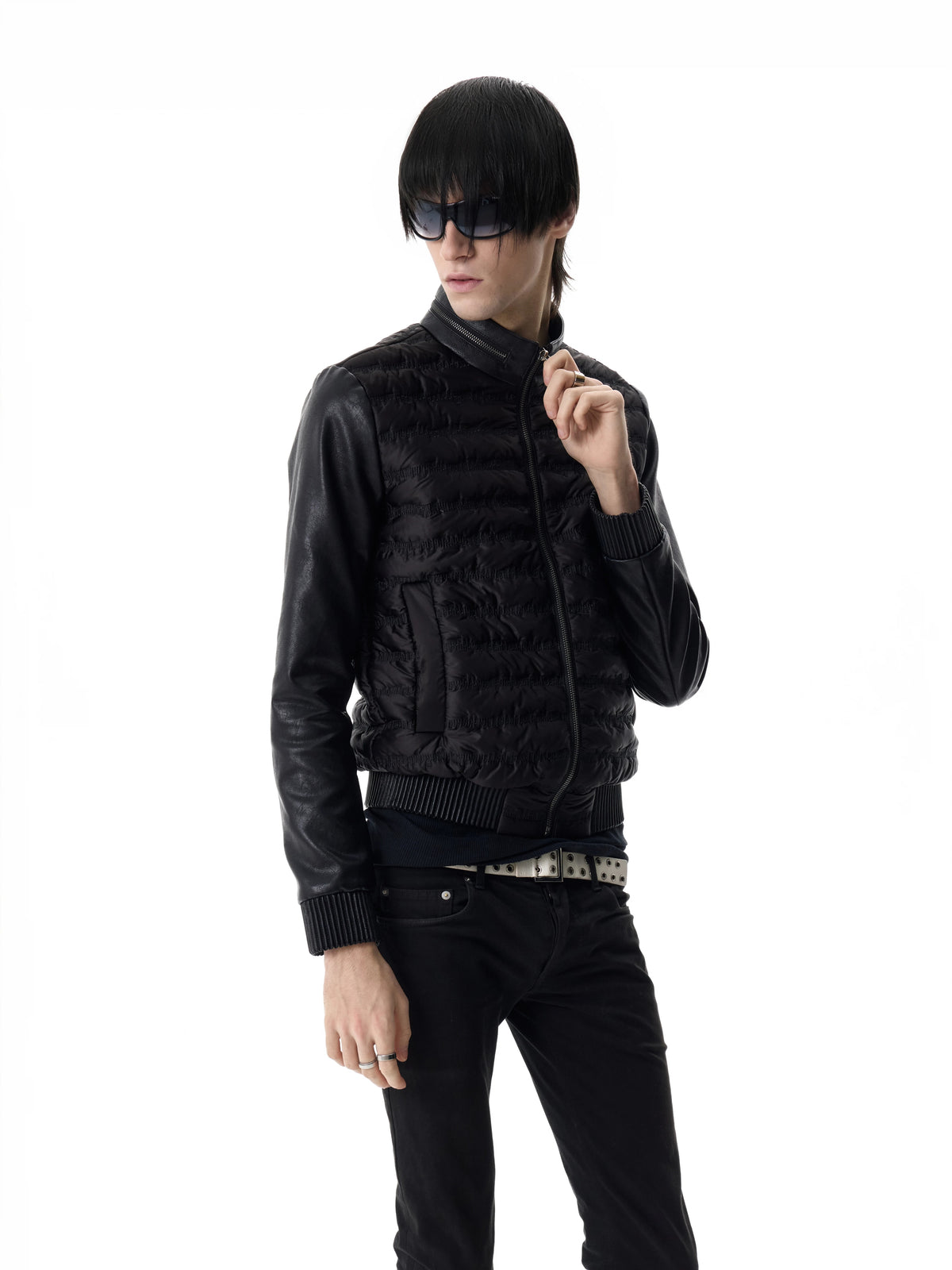 noEmosen Music Note Stitched Leather-Panel Slim Padded Jacket - Black front