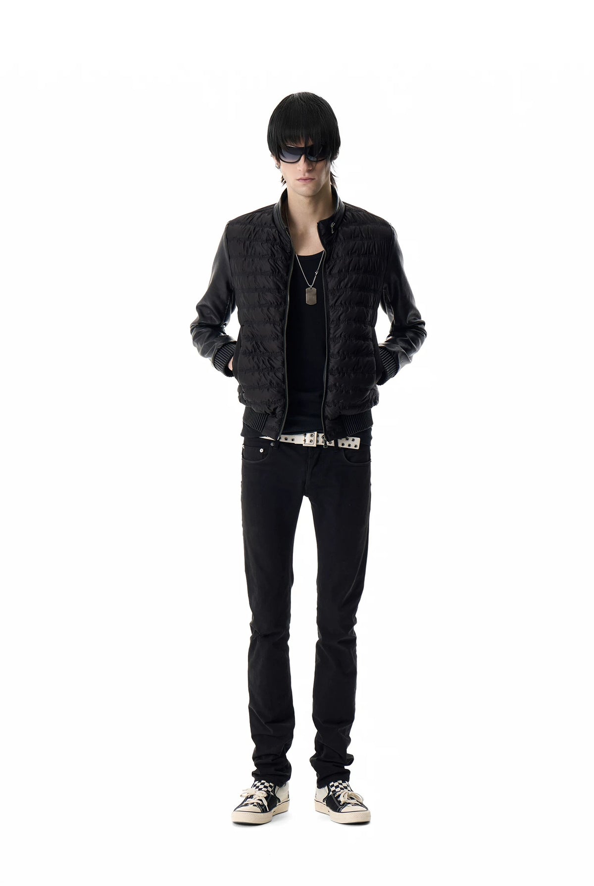noEmosen Music Note Stitched Leather-Panel Slim Padded Jacket - Black front