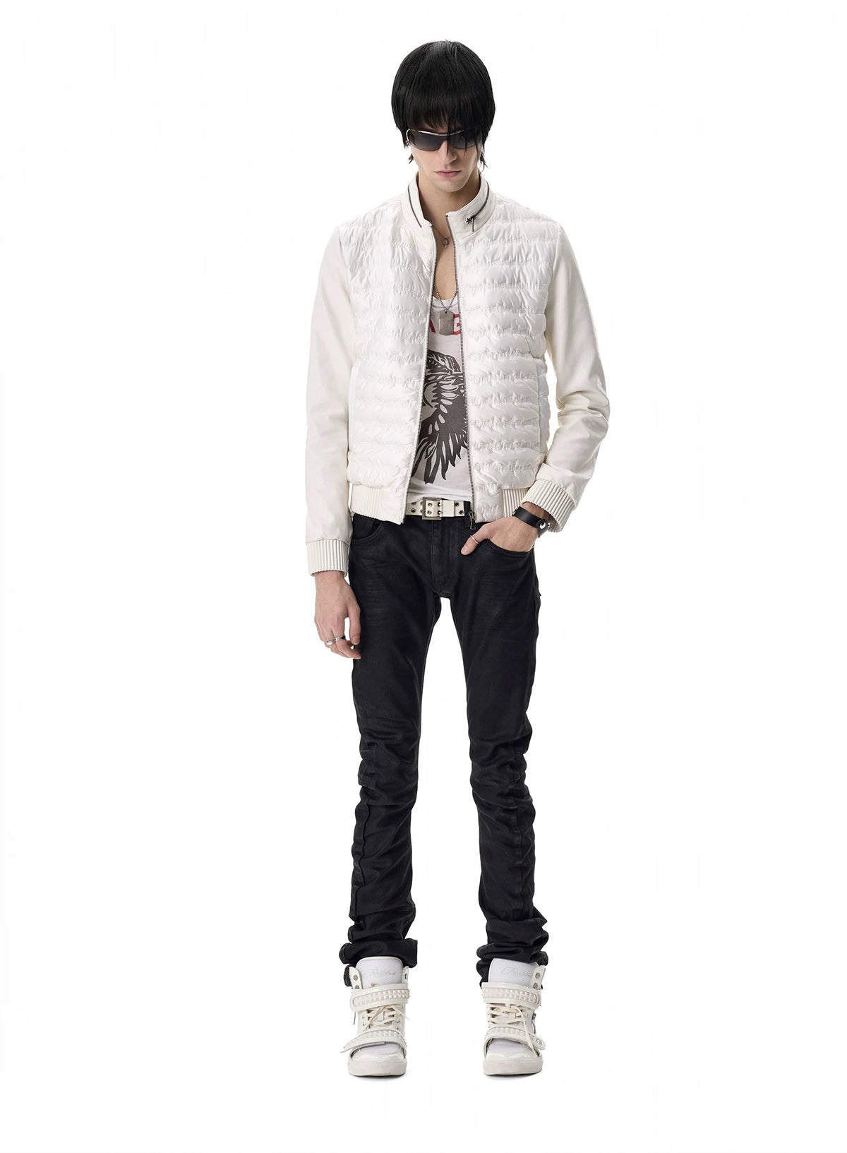 noEmosen Music Note Stitched Leather-Panel Slim Padded Jacket - White front