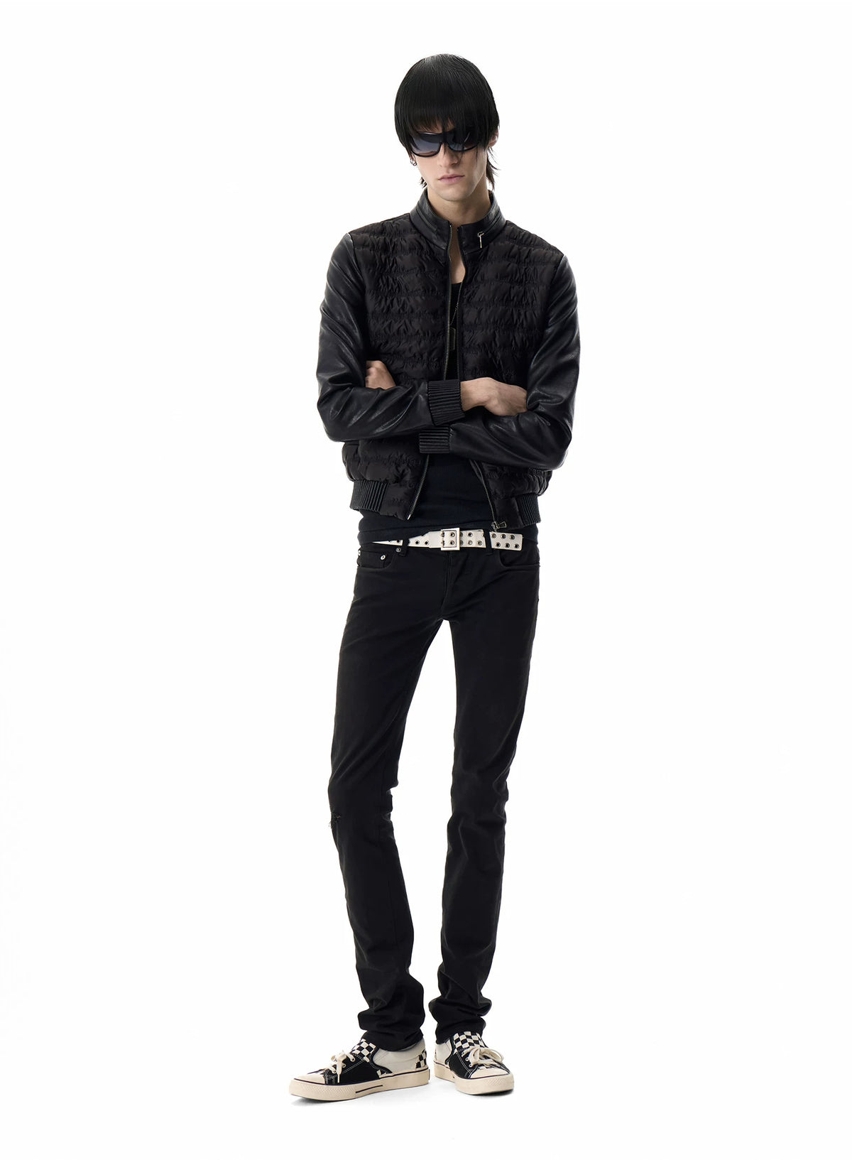 noEmosen Music Note Stitched Leather-Panel Slim Padded Jacket - Black front