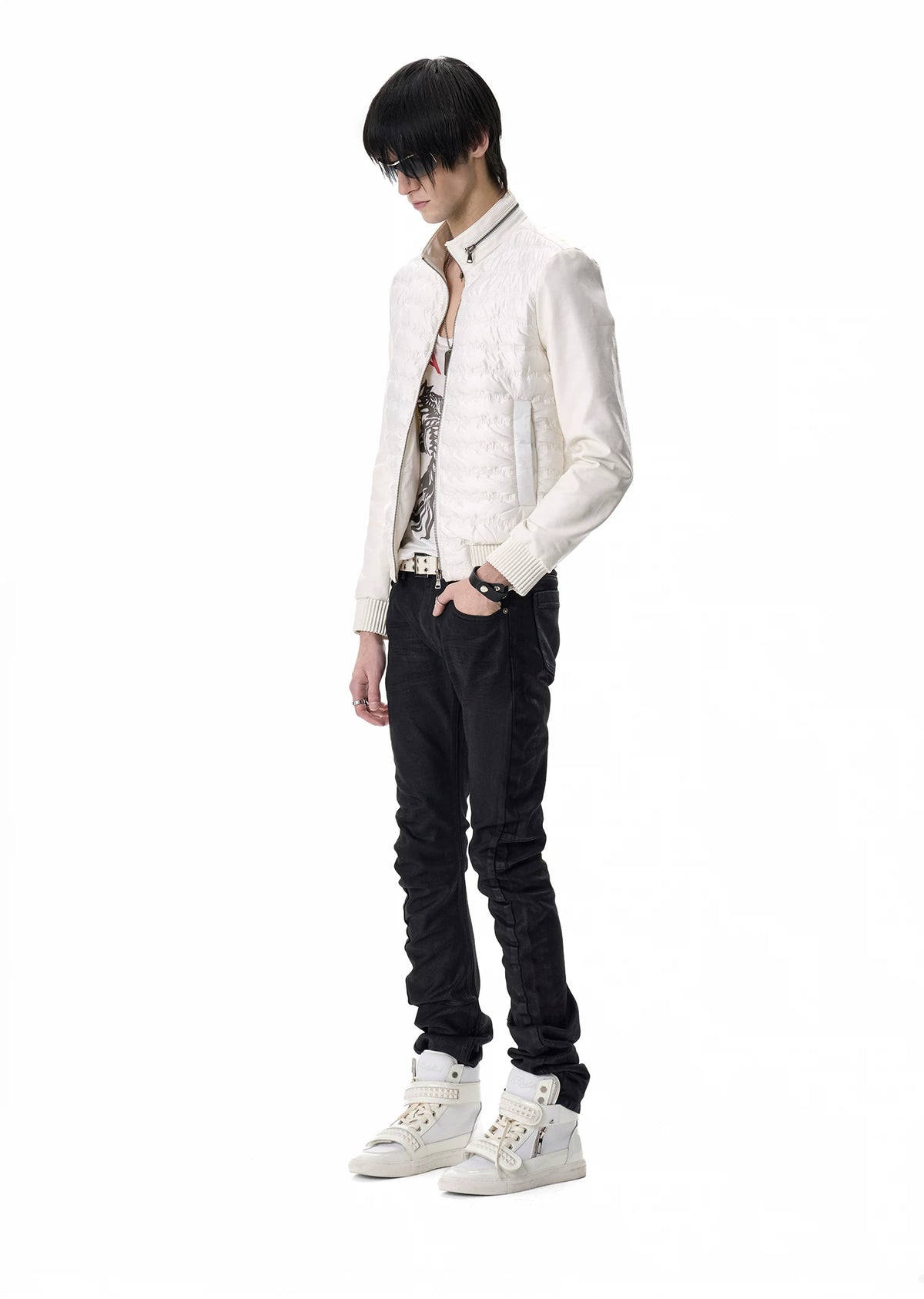 noEmosen Music Note Stitched Leather-Panel Slim Padded Jacket - White side