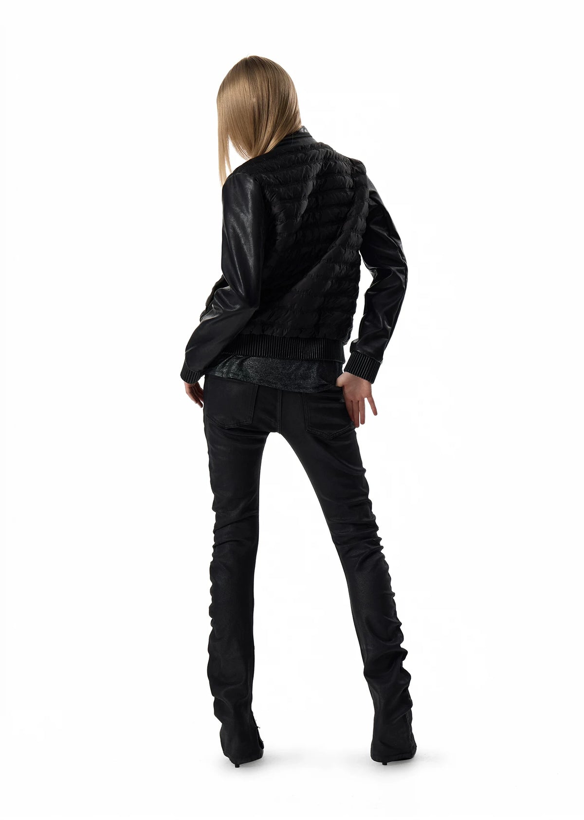 noEmosen Music Note Stitched Leather-Panel Slim Padded Jacket - Black back