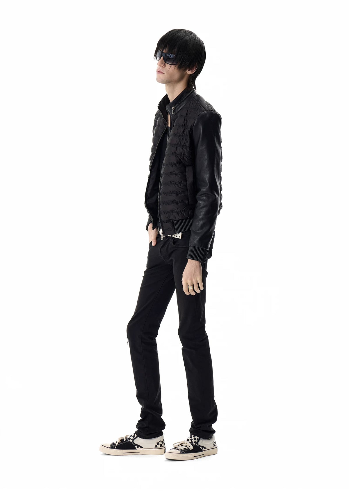 noEmosen Music Note Stitched Leather-Panel Slim Padded Jacket - Black side