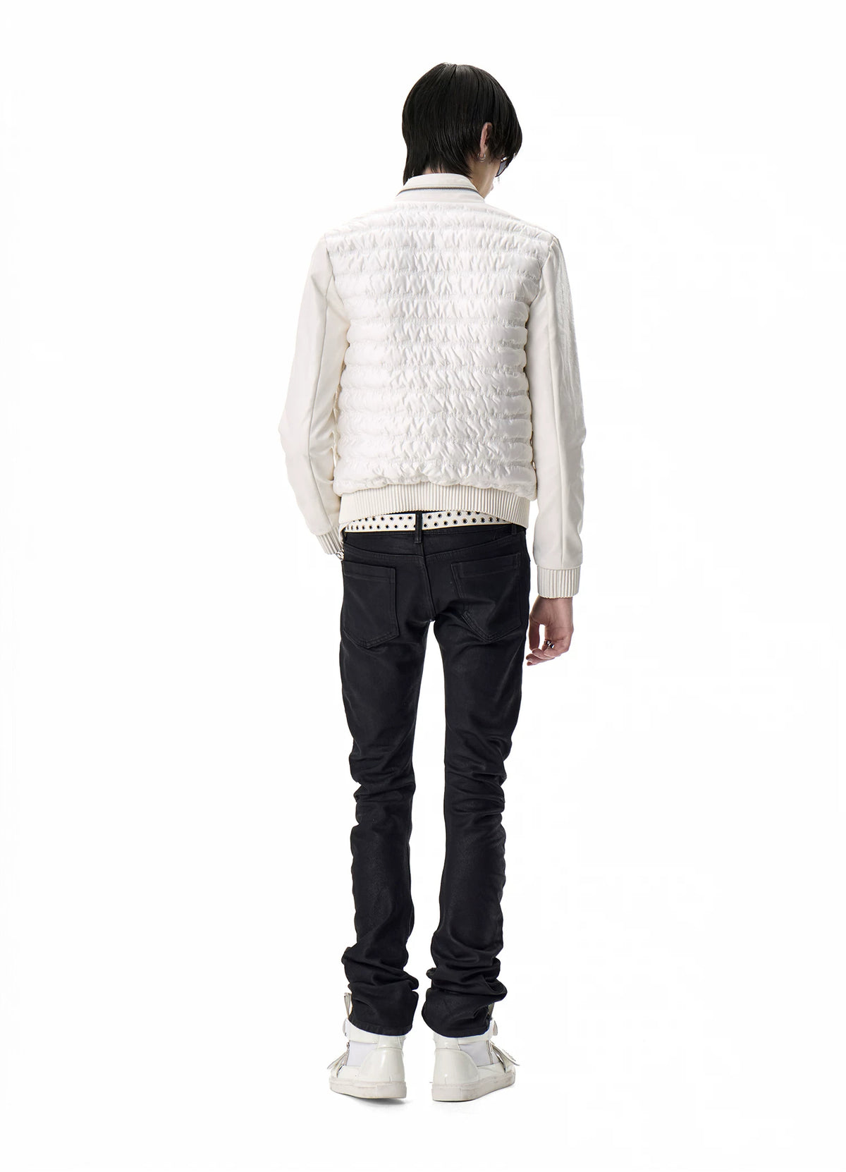 noEmosen Music Note Stitched Leather-Panel Slim Padded Jacket - White back
