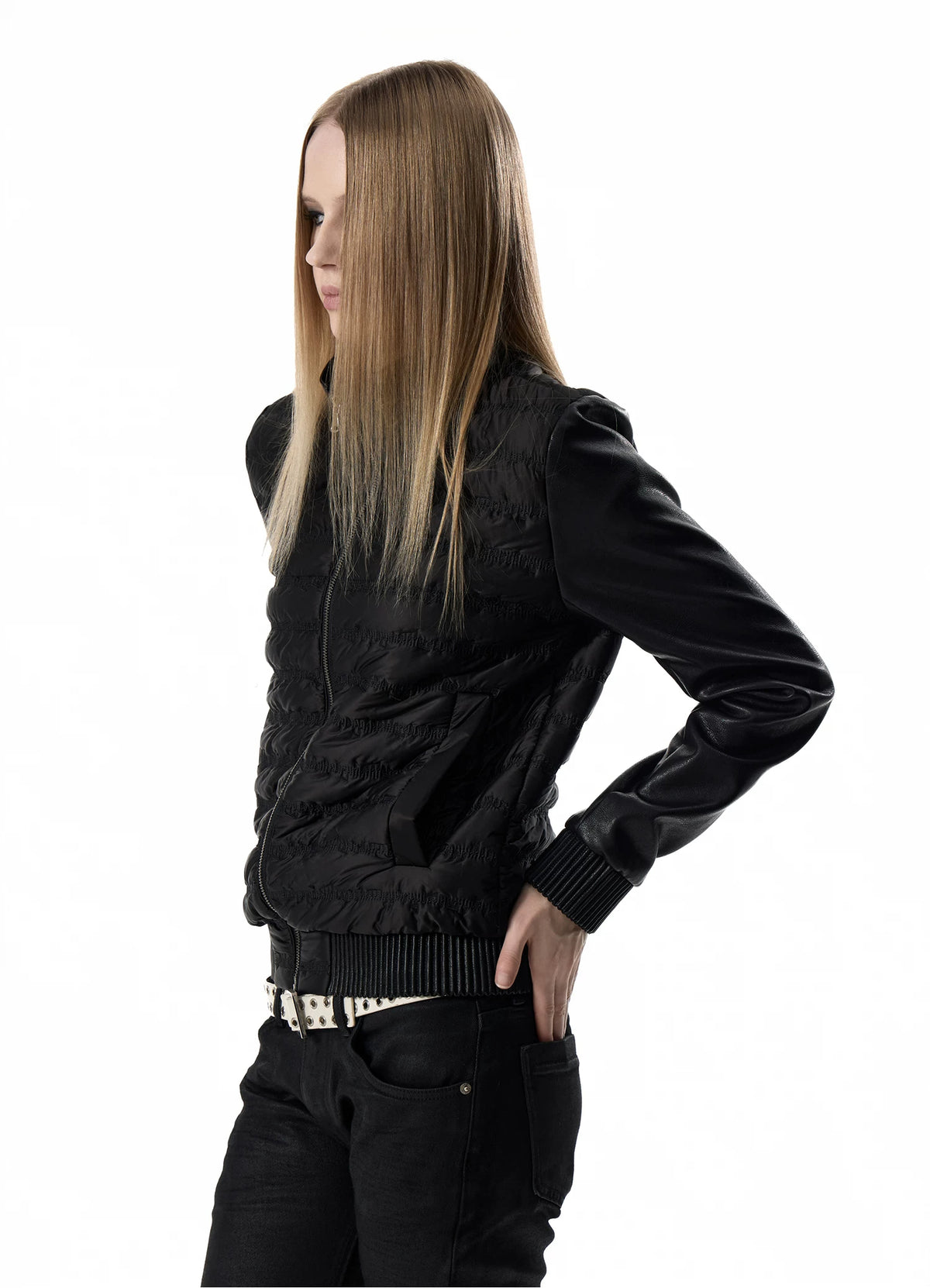 noEmosen Music Note Stitched Leather-Panel Slim Padded Jacket - Black front close-up