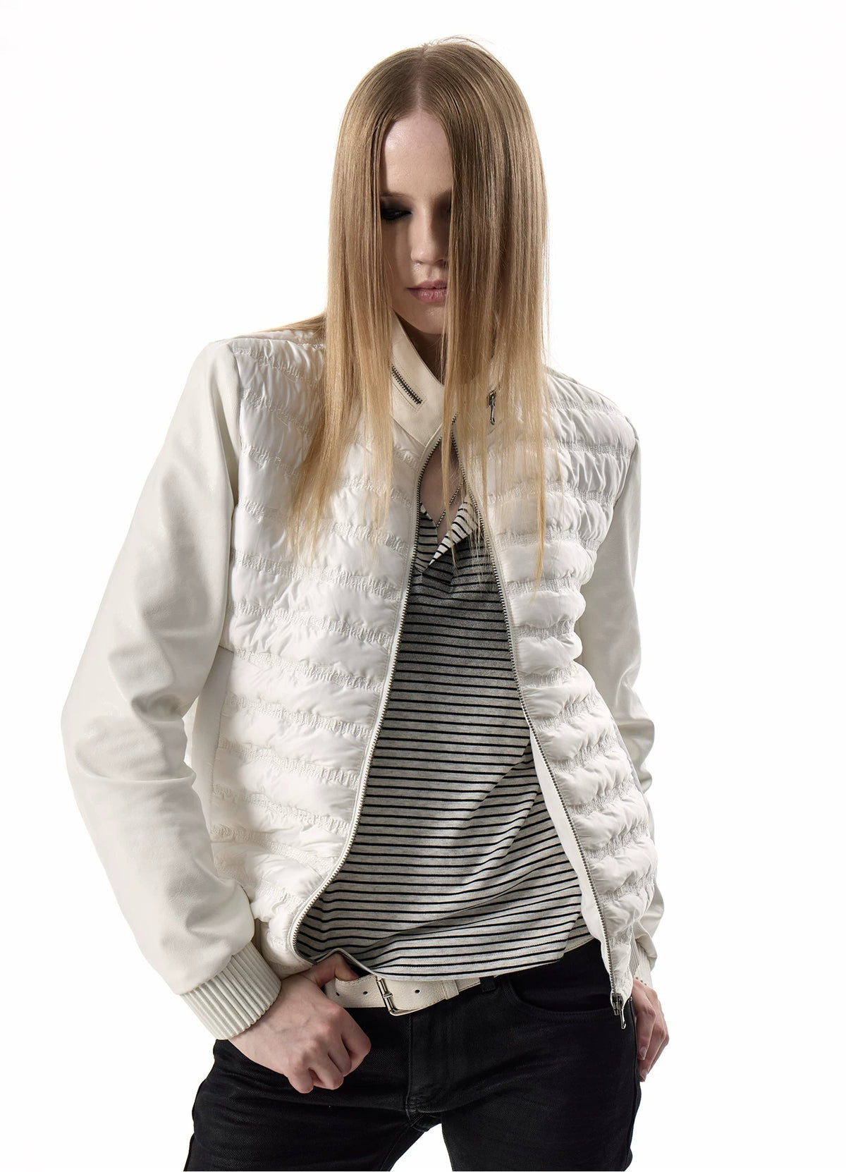 noEmosen Music Note Stitched Leather-Panel Slim Padded Jacket - White front close-up
