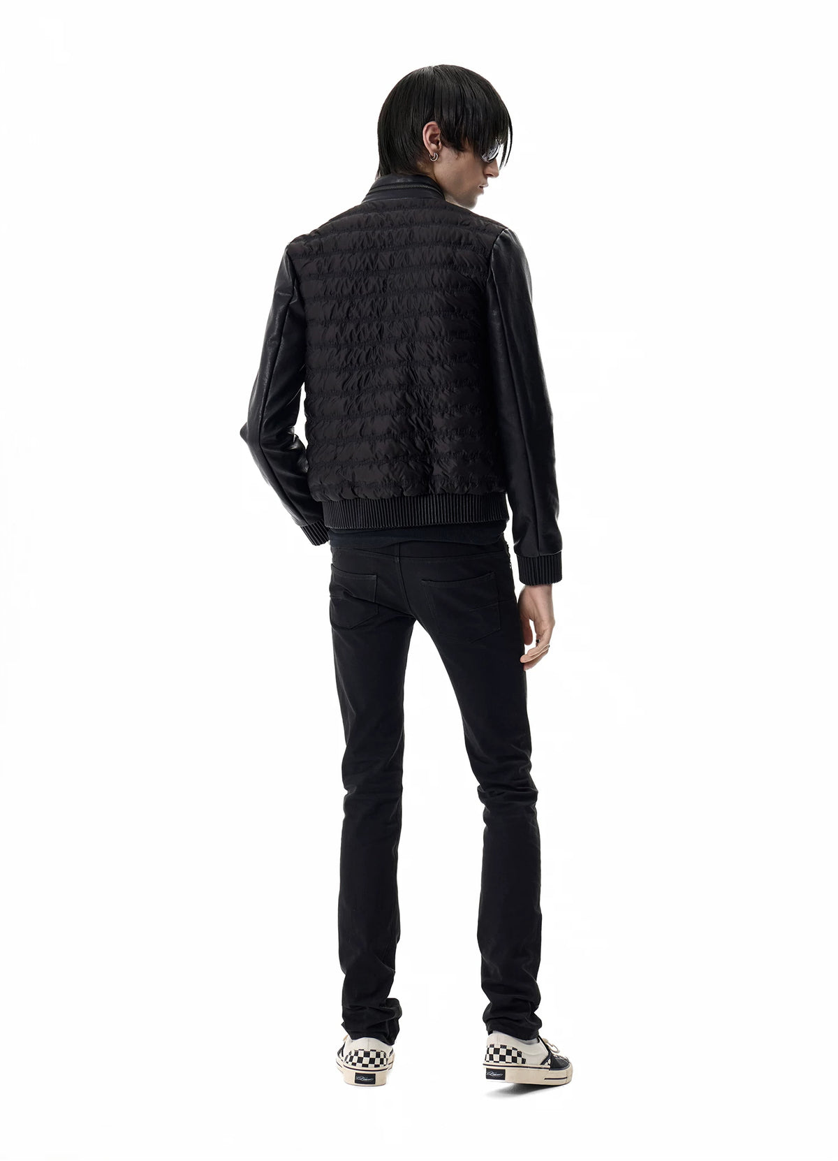 noEmosen Music Note Stitched Leather-Panel Slim Padded Jacket - Black back