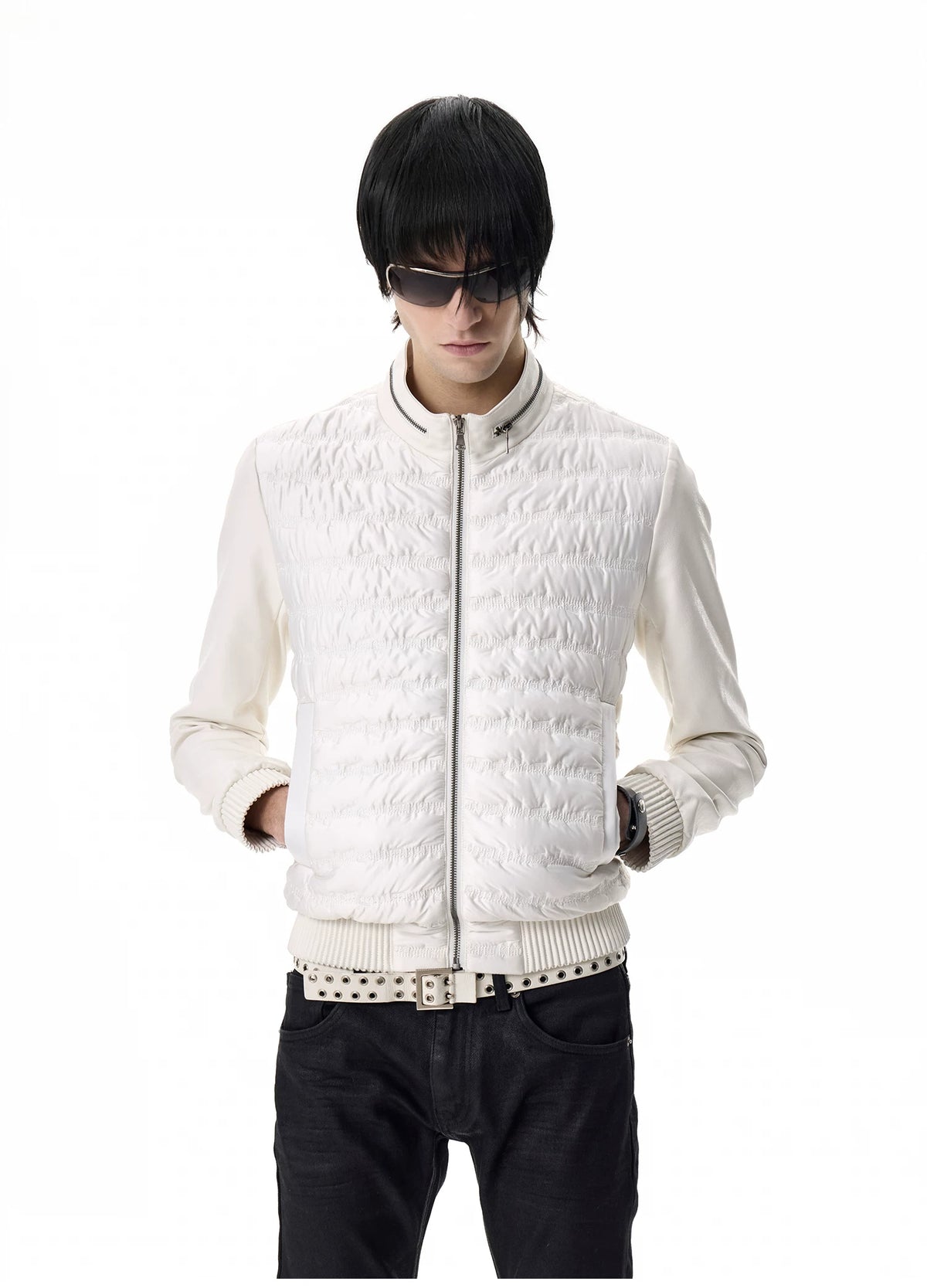 noEmosen Music Note Stitched Leather-Panel Slim Padded Jacket - White front close-up