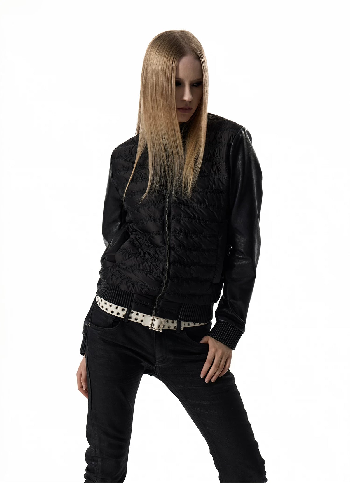 noEmosen Music Note Stitched Leather-Panel Slim Padded Jacket - Black front close-up