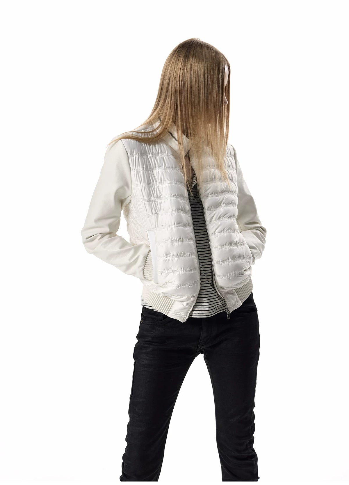 noEmosen Music Note Stitched Leather-Panel Slim Padded Jacket - White side close-up