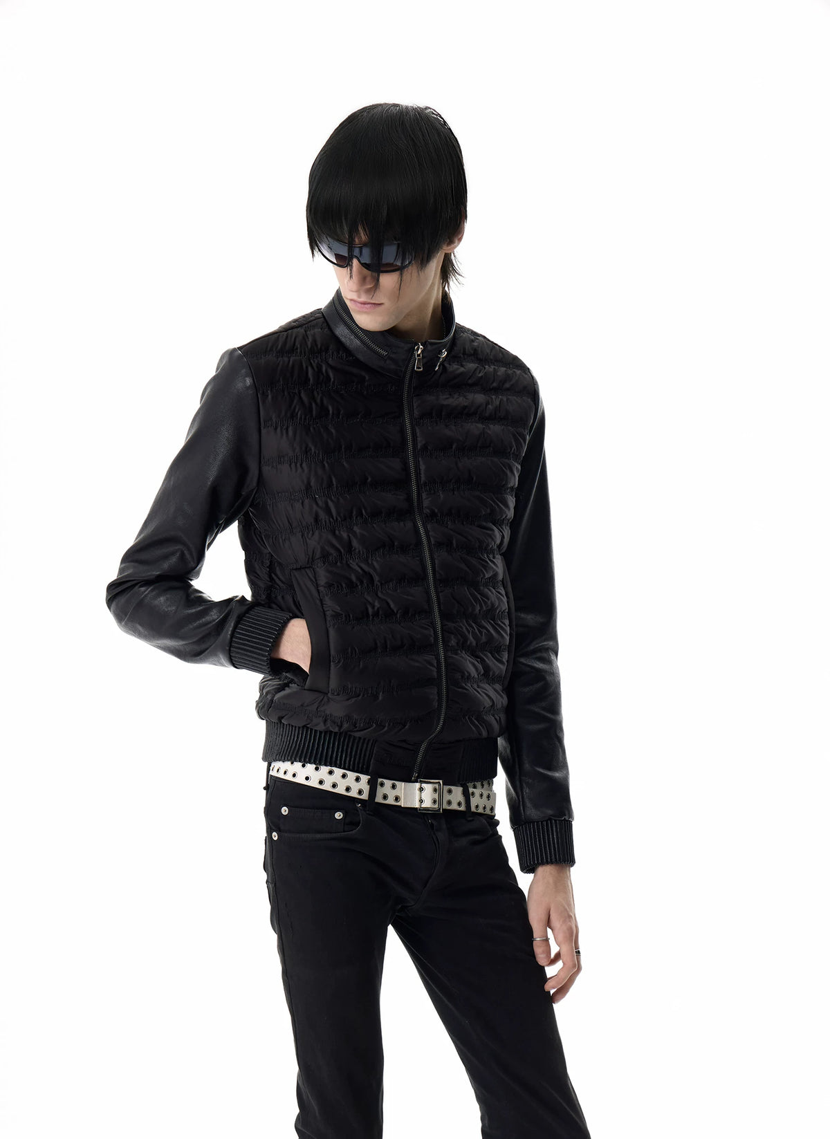 noEmosen Music Note Stitched Leather-Panel Slim Padded Jacket - Black front close-up