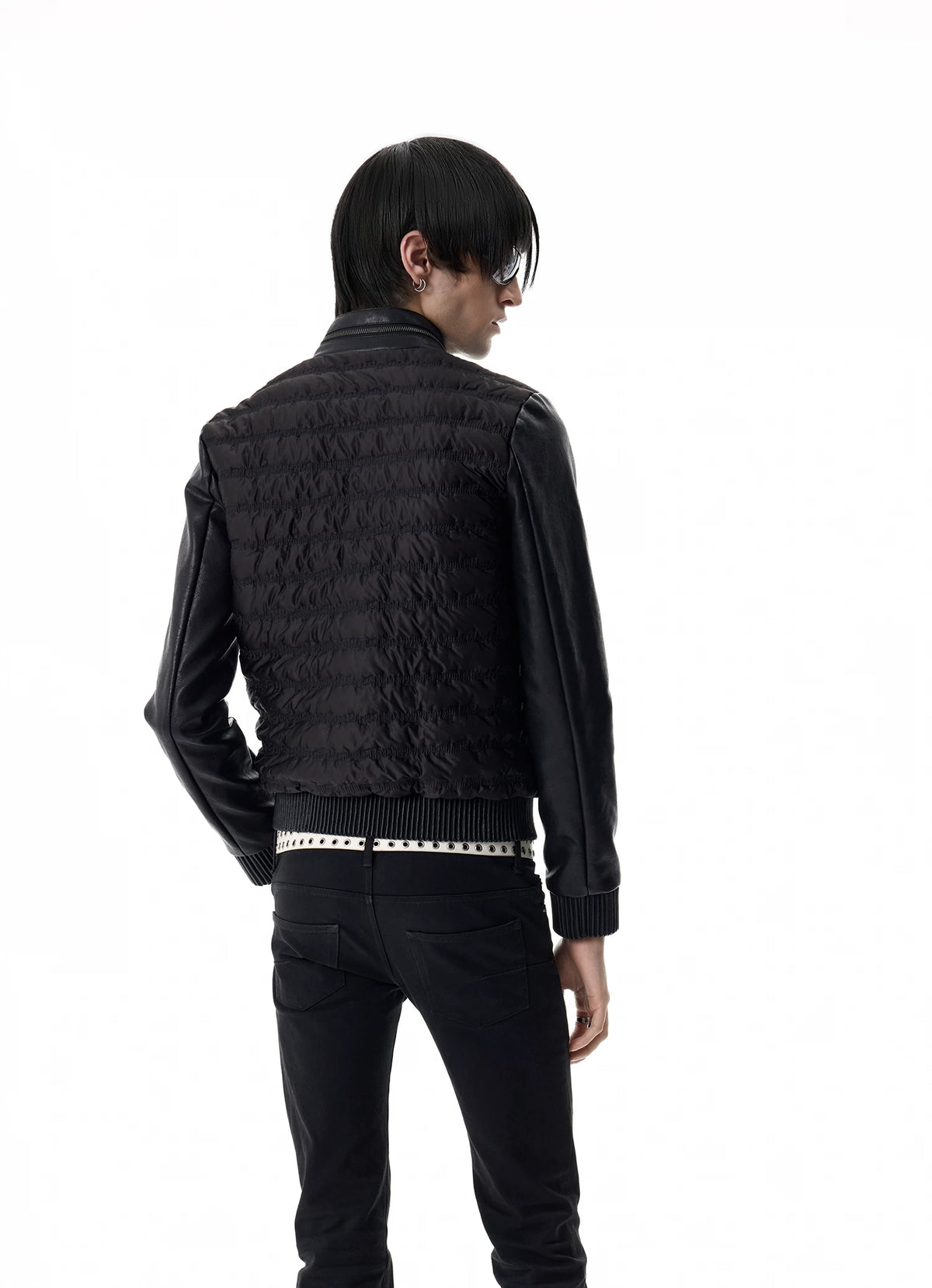 noEmosen Music Note Stitched Leather-Panel Slim Padded Jacket - Black back