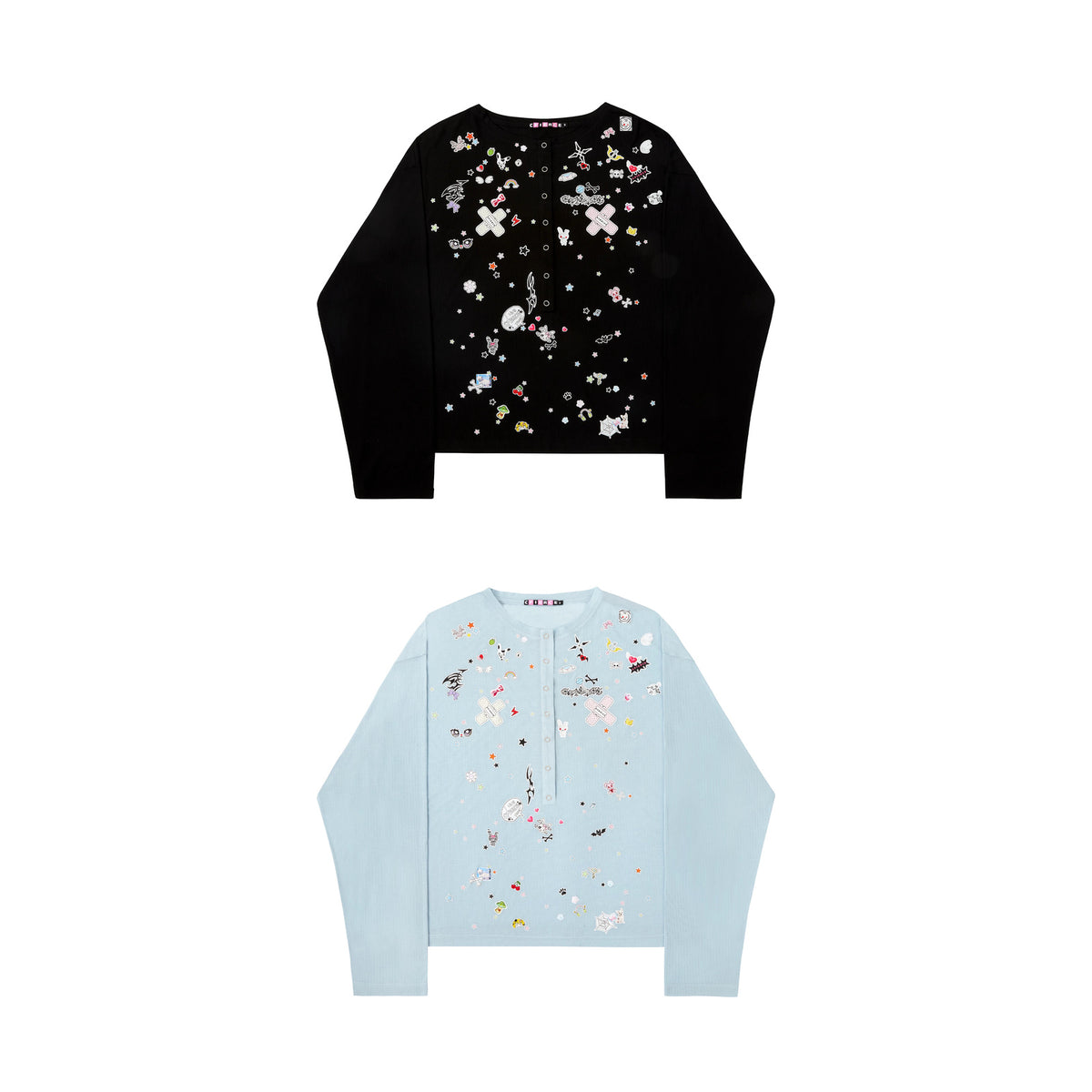 CFIERCE Sticker Print Long Sleeve Top - black and blue-green sticker-print tops arranged top to bottom