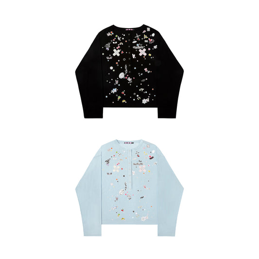 CFIERCE Sticker Print Long Sleeve Top - black and blue-green sticker-print tops arranged top to bottom