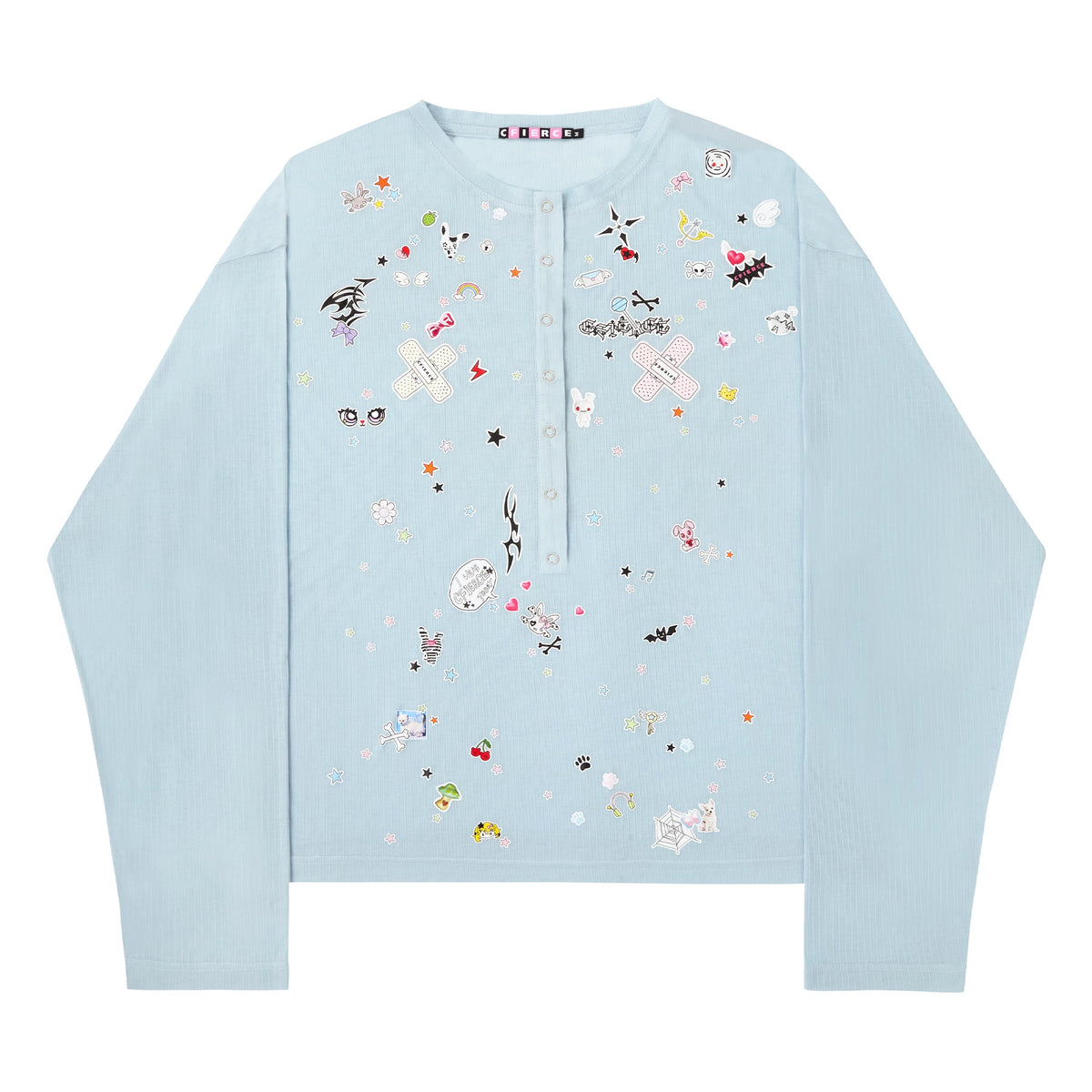CFIERCE Sticker Print Long Sleeve Top - blue-green top front product view