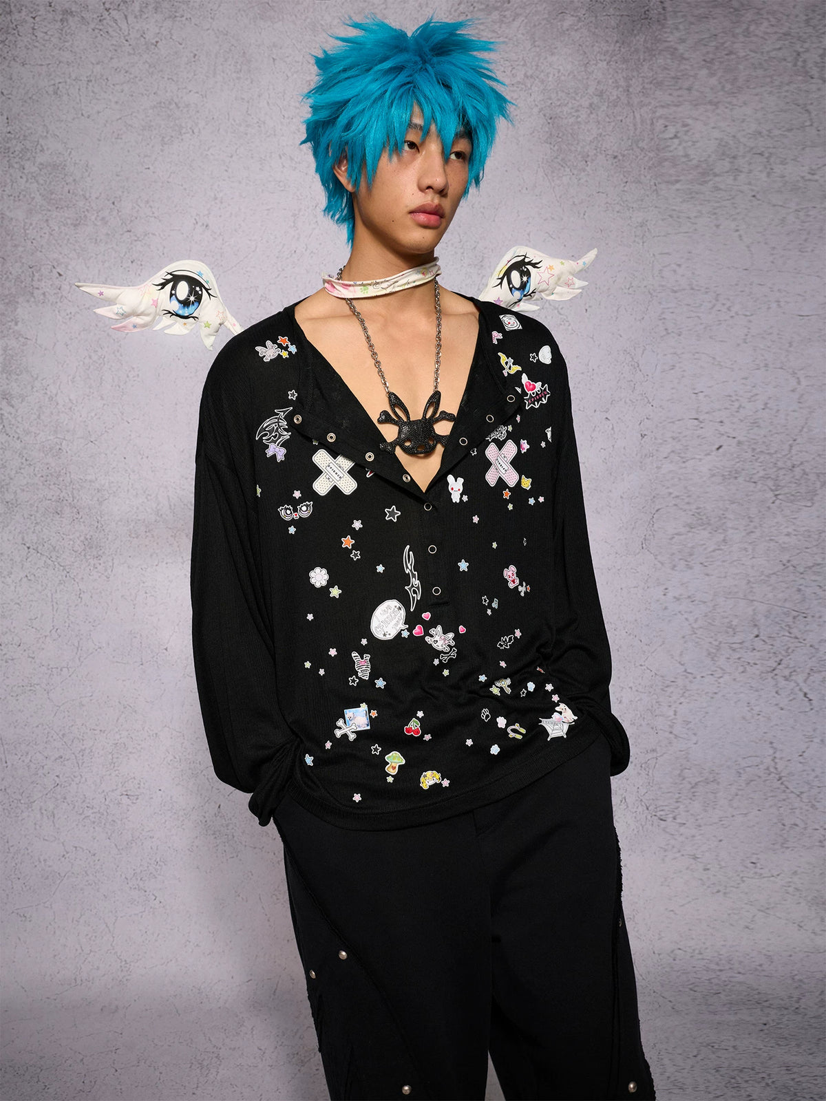 CFIERCE Sticker Print Long Sleeve Top - black top worn front close look