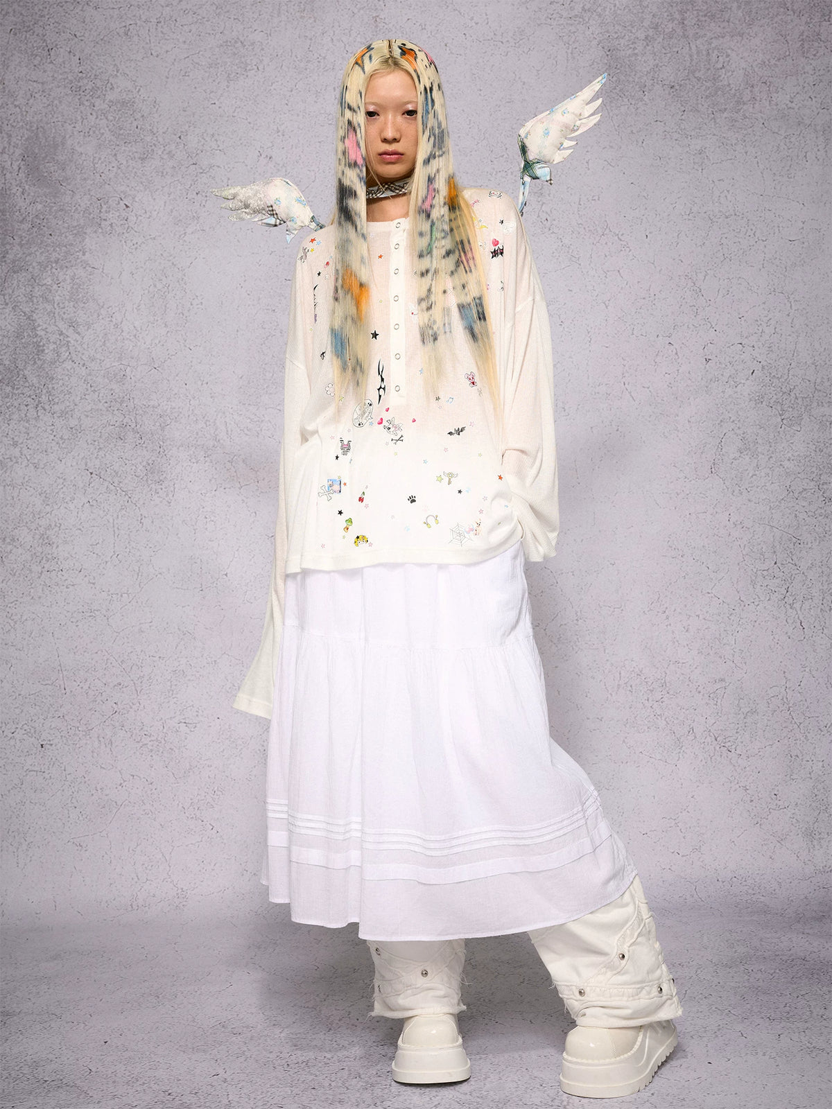 CFIERCE Sticker Print Long Sleeve Top - white top worn full outfit