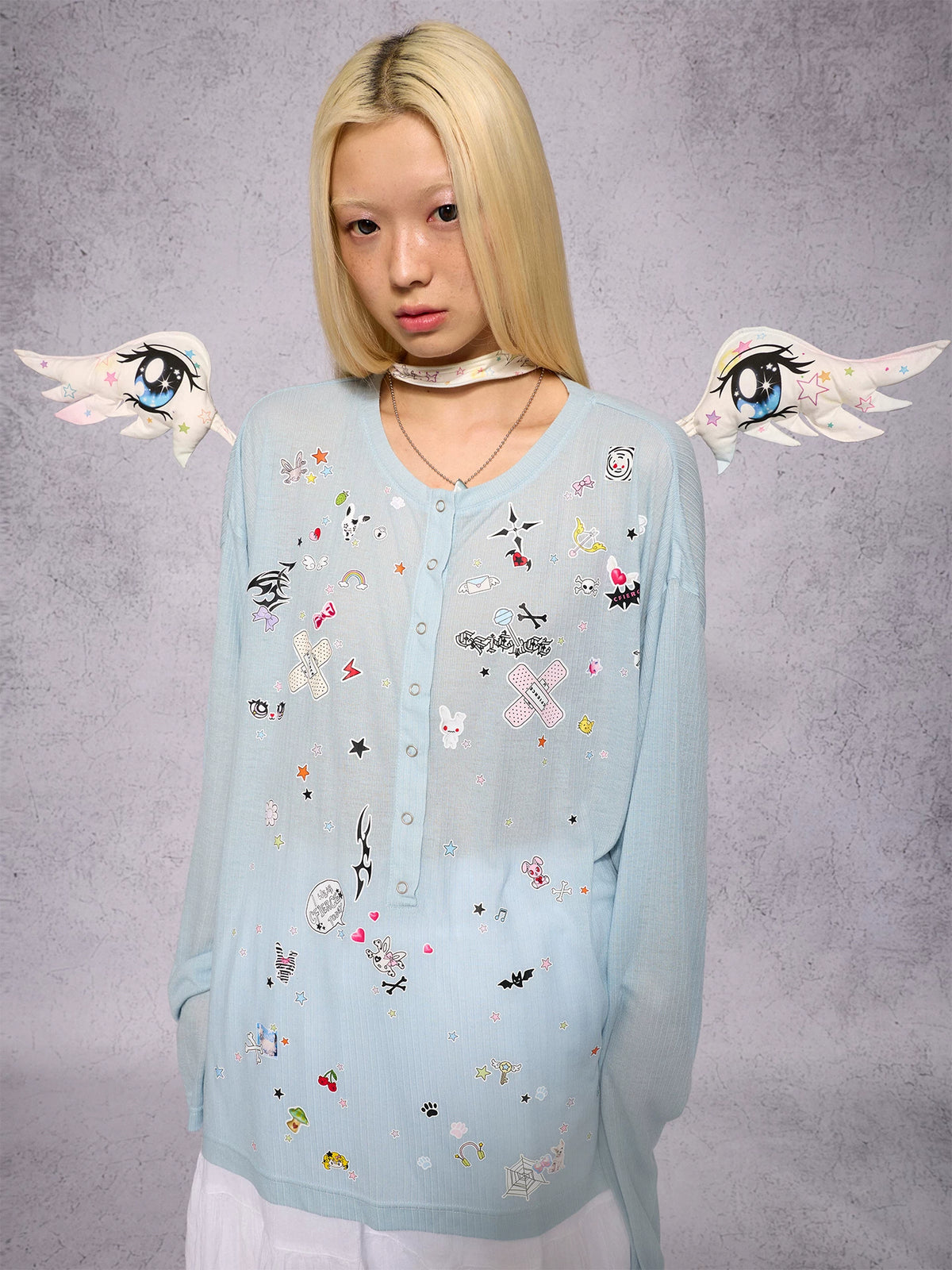 CFIERCE Sticker Print Long Sleeve Top - blue-green top worn close front