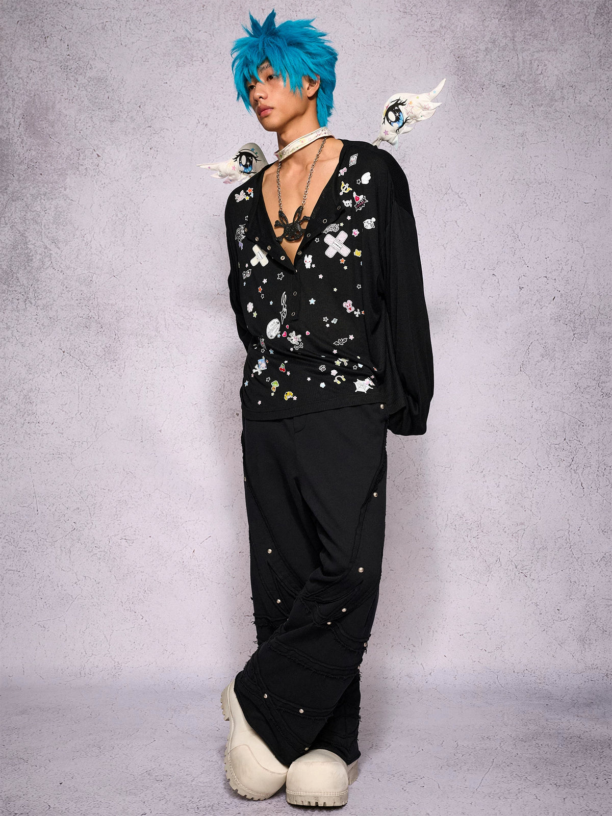 CFIERCE Sticker Print Long Sleeve Top - black top worn three-quarter side
