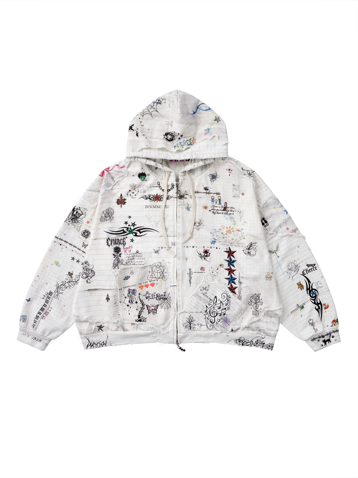 CFIERCE Distressed Manuscript Graphic Zip Hoodie - white front flat lay