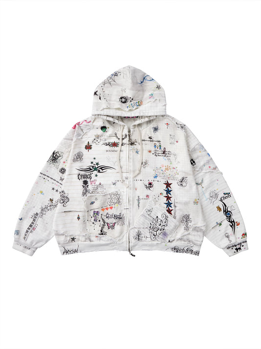 CFIERCE Distressed Manuscript Graphic Zip Hoodie - white front flat lay