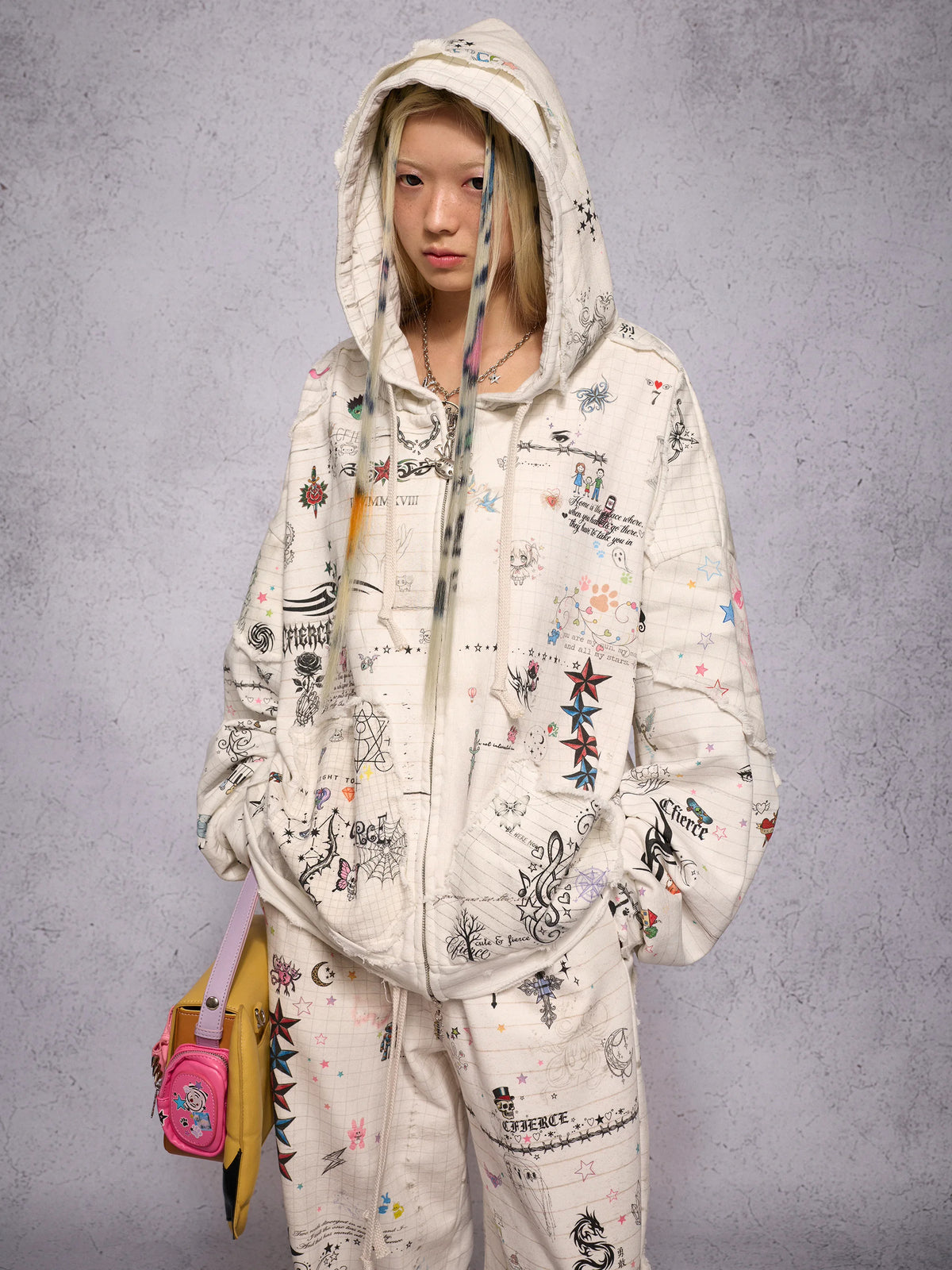 CFIERCE Distressed Manuscript Graphic Zip Hoodie - model view 1