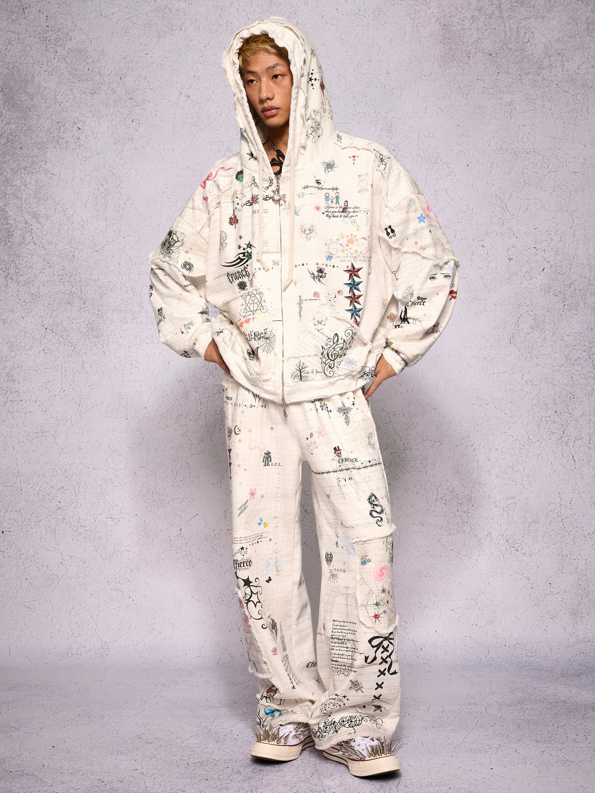CFIERCE Distressed Manuscript Graphic Zip Hoodie - model view 2
