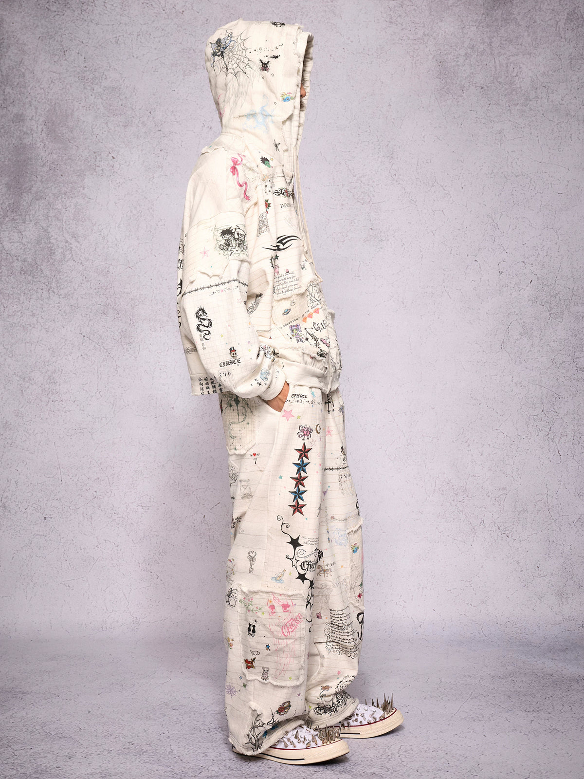 CFIERCE Distressed Manuscript Graphic Zip Hoodie - model view 3