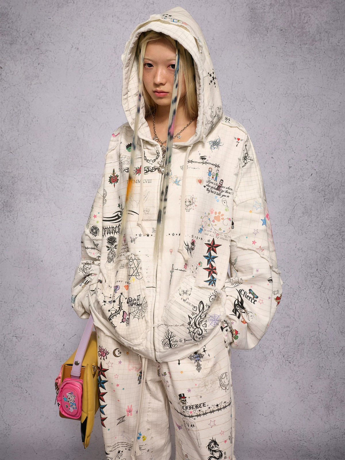 CFIERCE Distressed Manuscript Graphic Zip Hoodie - model view 5