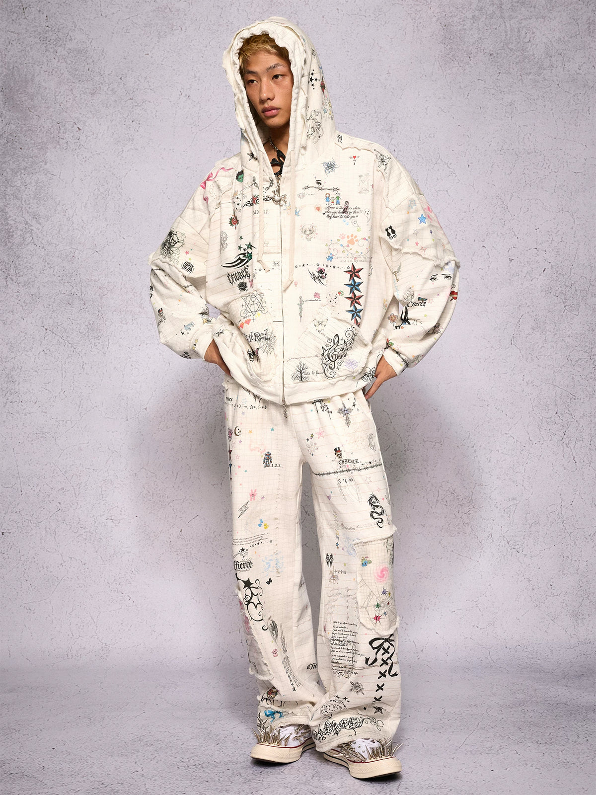 CFIERCE Distressed Manuscript Graphic Zip Hoodie - model view 6