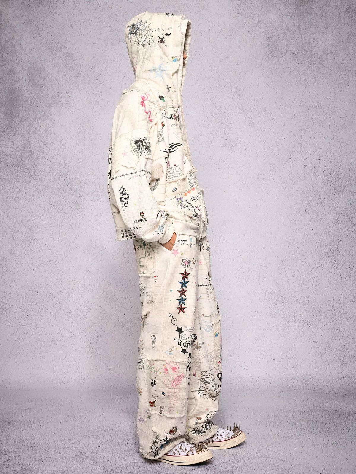 CFIERCE Distressed Manuscript Graphic Zip Hoodie - model view 7