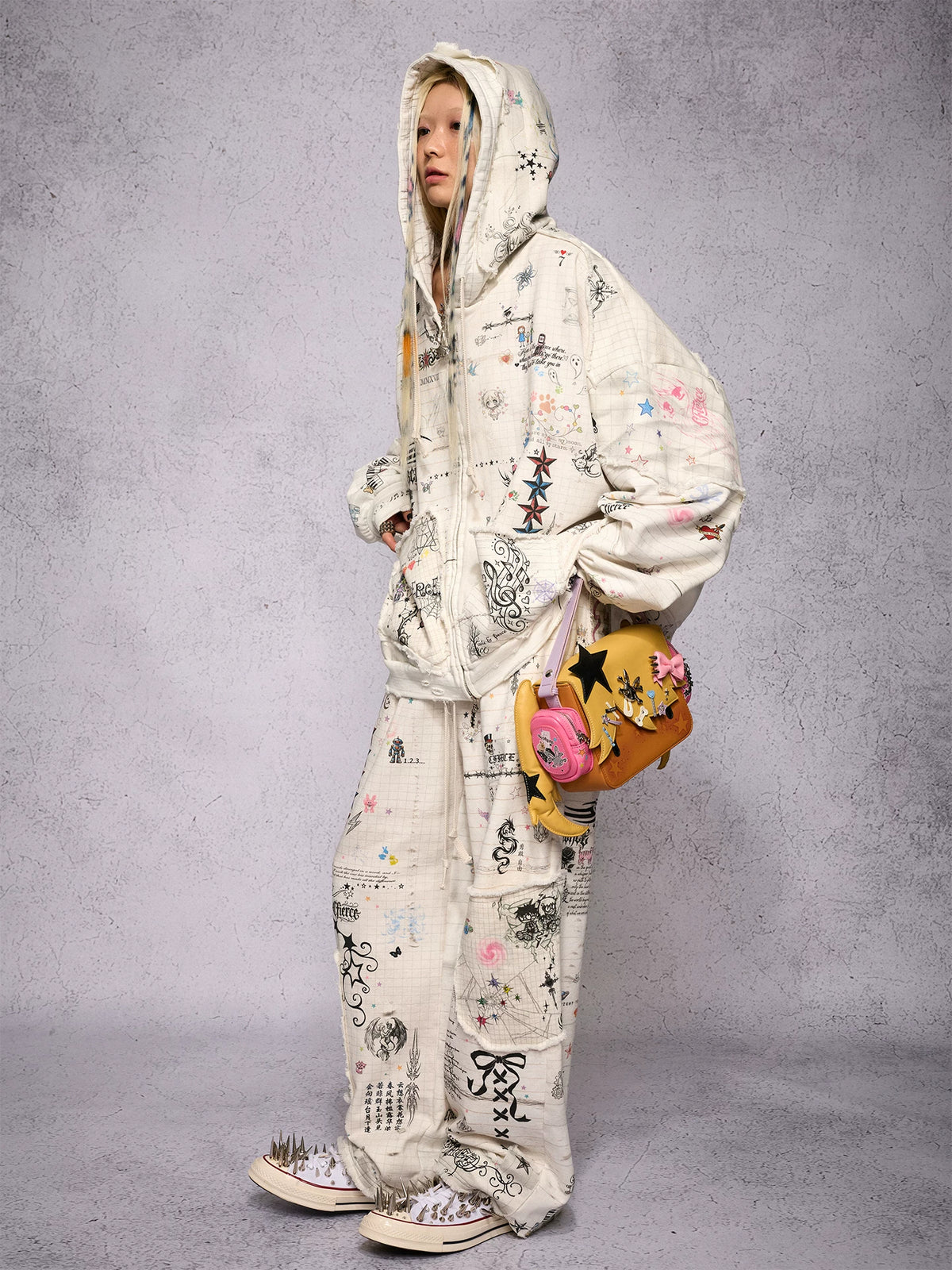 CFIERCE Distressed Manuscript Graphic Zip Hoodie - model view 8