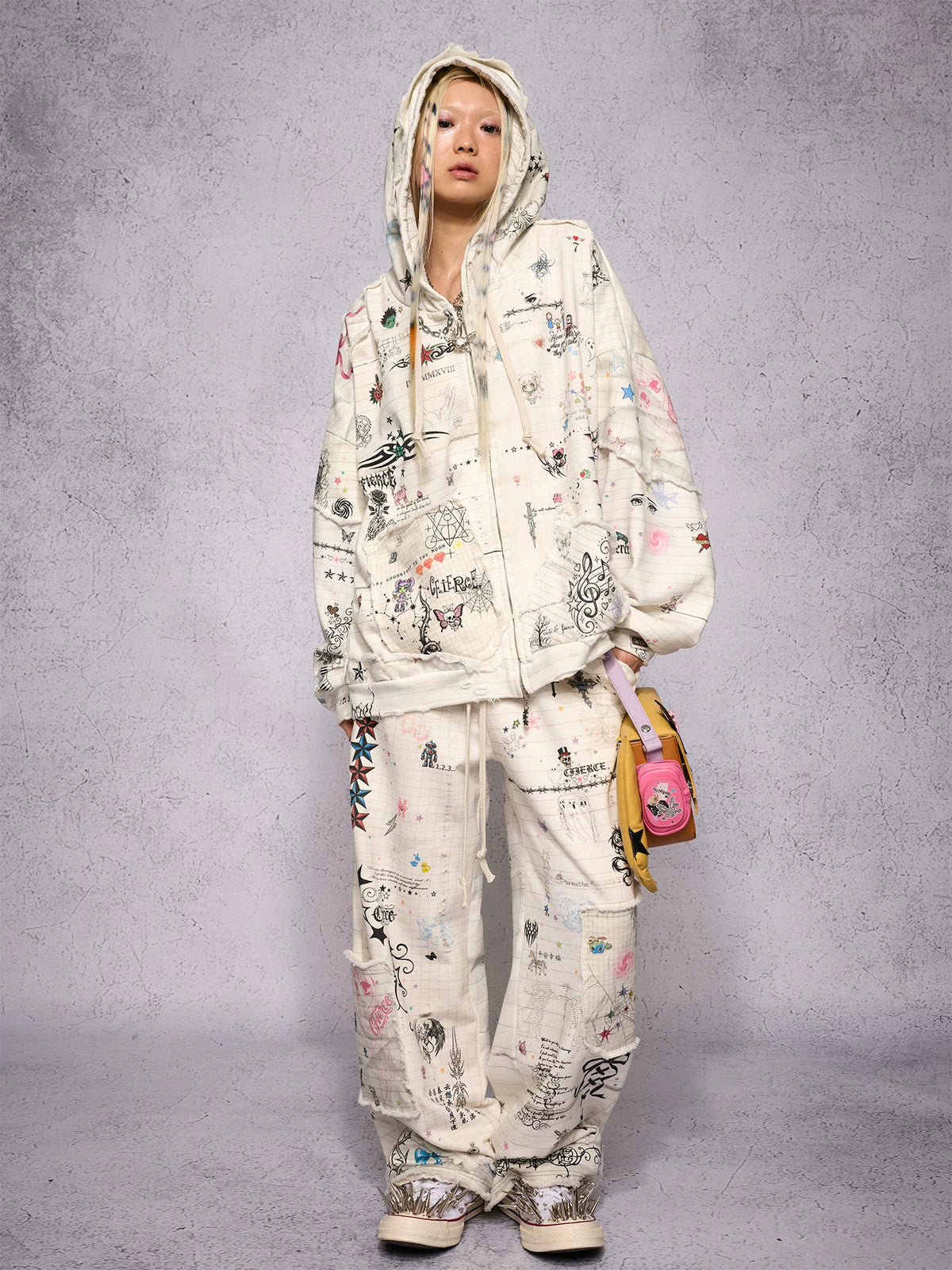 CFIERCE Distressed Manuscript Graphic Zip Hoodie - model view 9