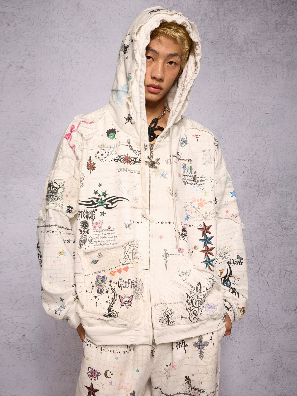 CFIERCE Distressed Manuscript Graphic Zip Hoodie - model view 11