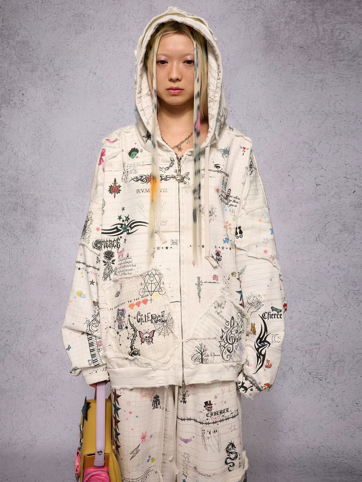 CFIERCE Distressed Manuscript Graphic Zip Hoodie - model view 12