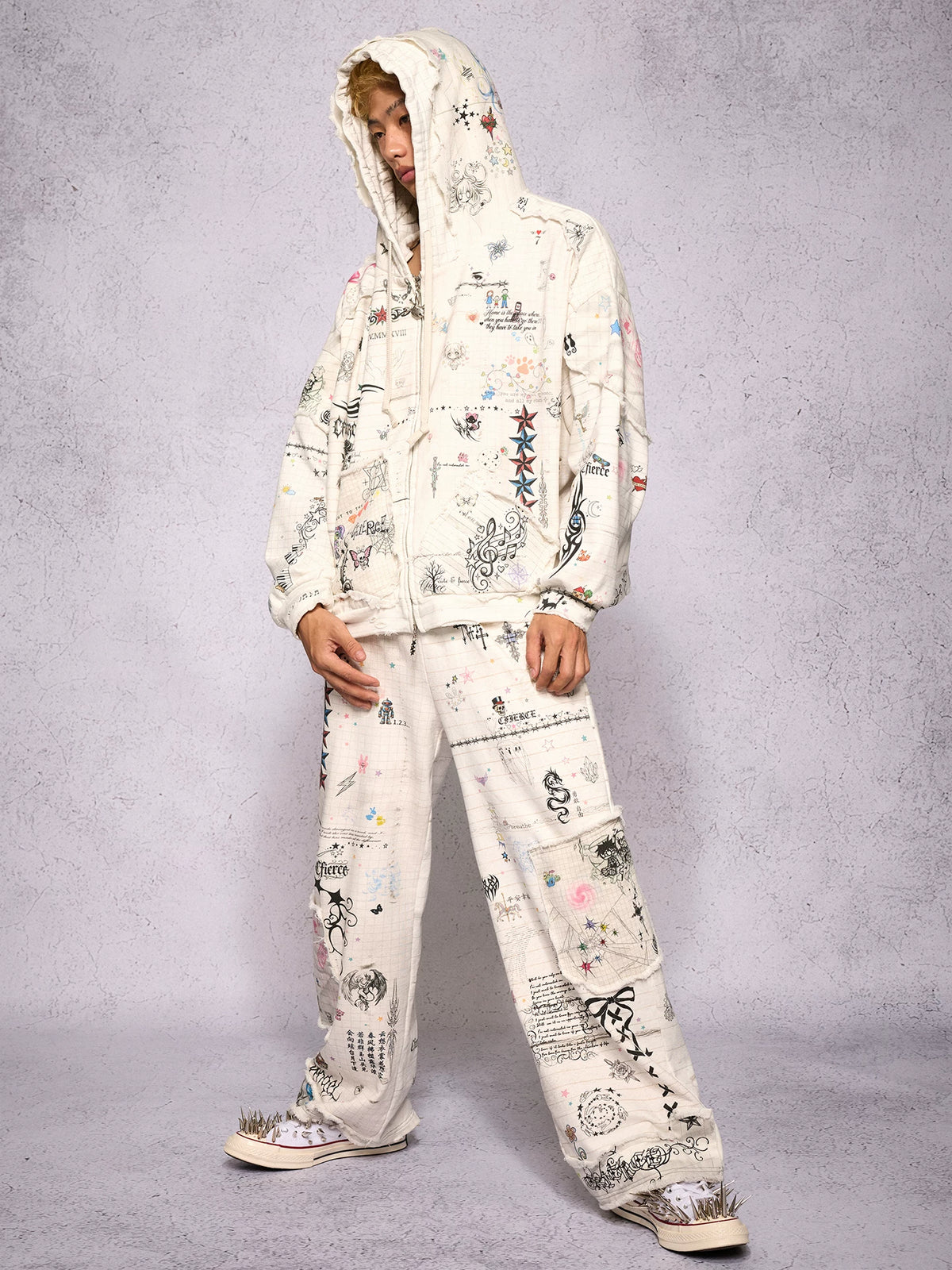 CFIERCE Distressed Manuscript Graphic Zip Hoodie - model view 15