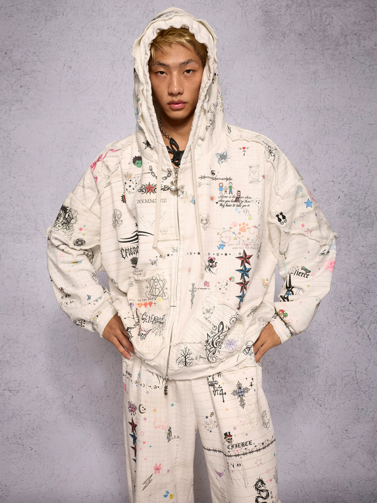 CFIERCE Distressed Manuscript Graphic Zip Hoodie - model view 16