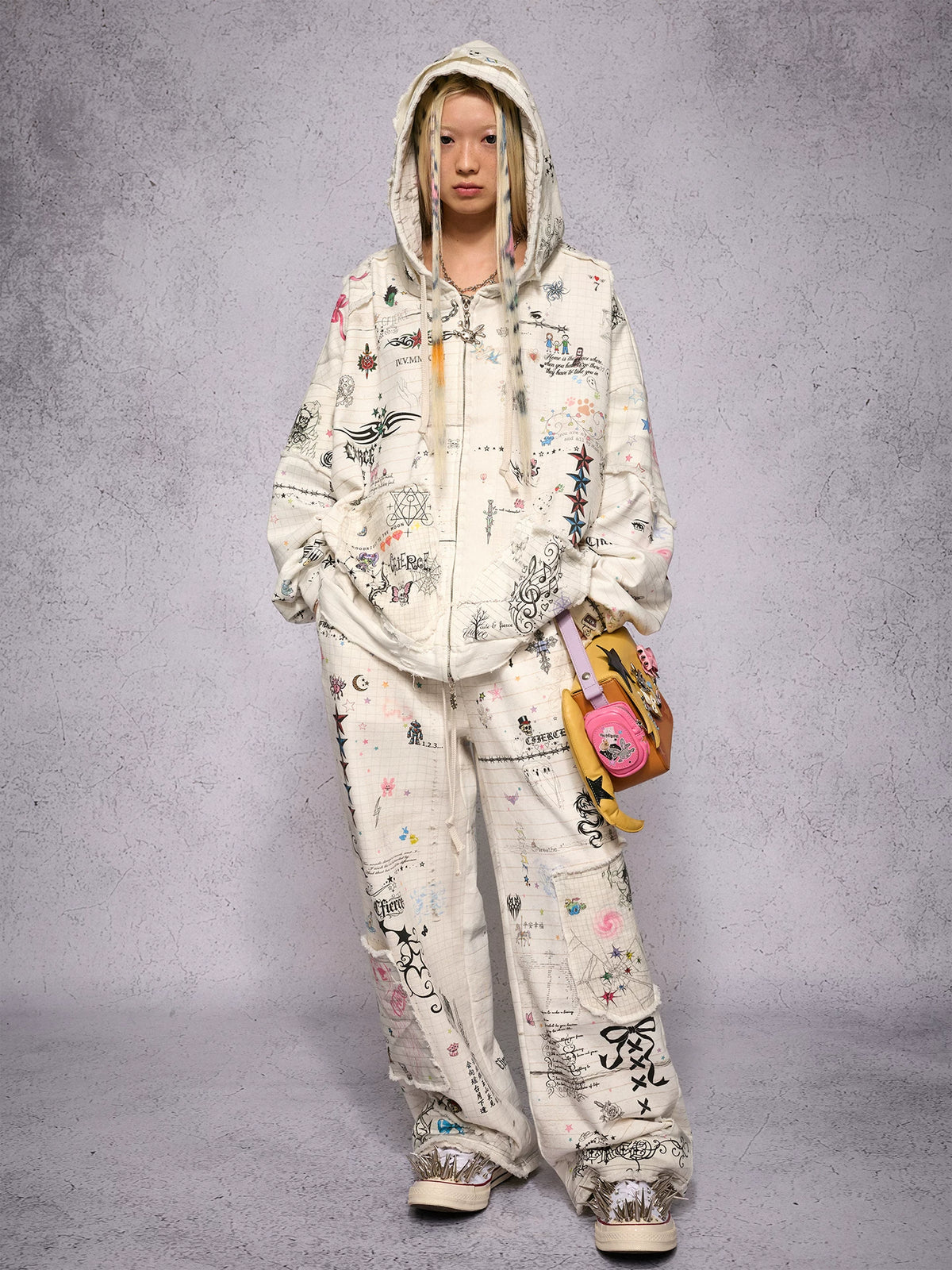 CFIERCE Distressed Manuscript Graphic Zip Hoodie - model view 17