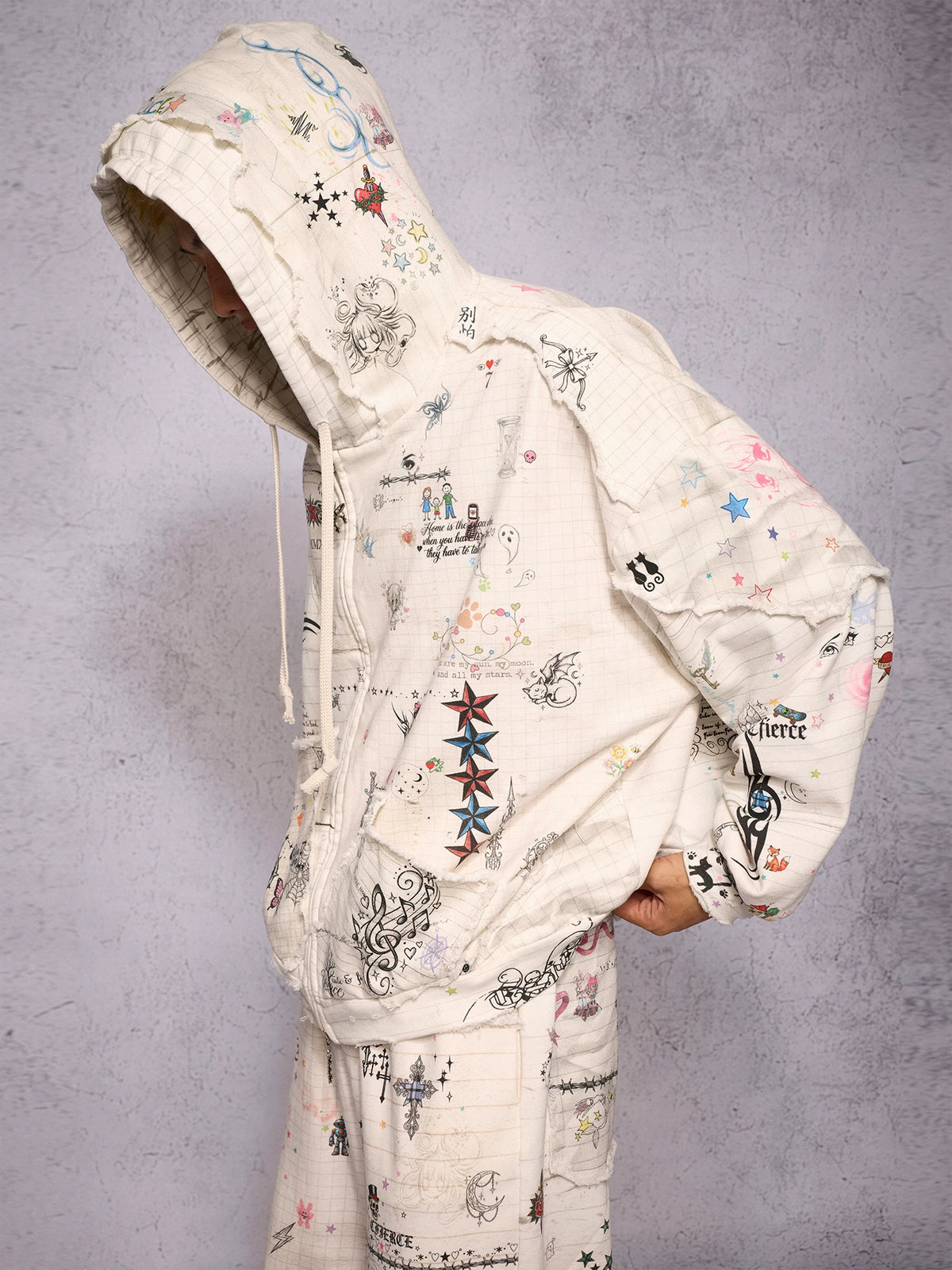 CFIERCE Distressed Manuscript Graphic Zip Hoodie - model view 19